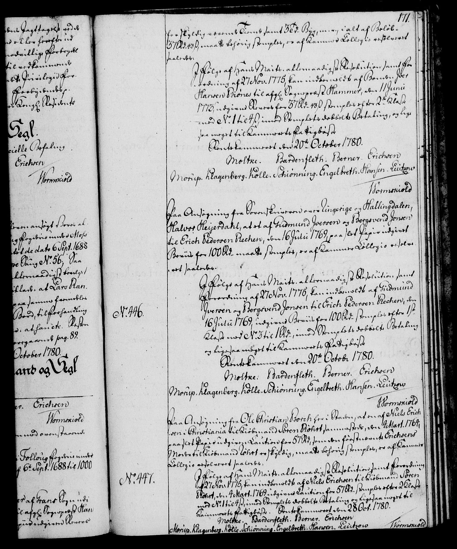 Rentekammeret, Kammerkanselliet, AV/RA-EA-3111/G/Gg/Gga/L0011: Norsk ekspedisjonsprotokoll med register (merket RK 53.11), 1779-1781, s. 171