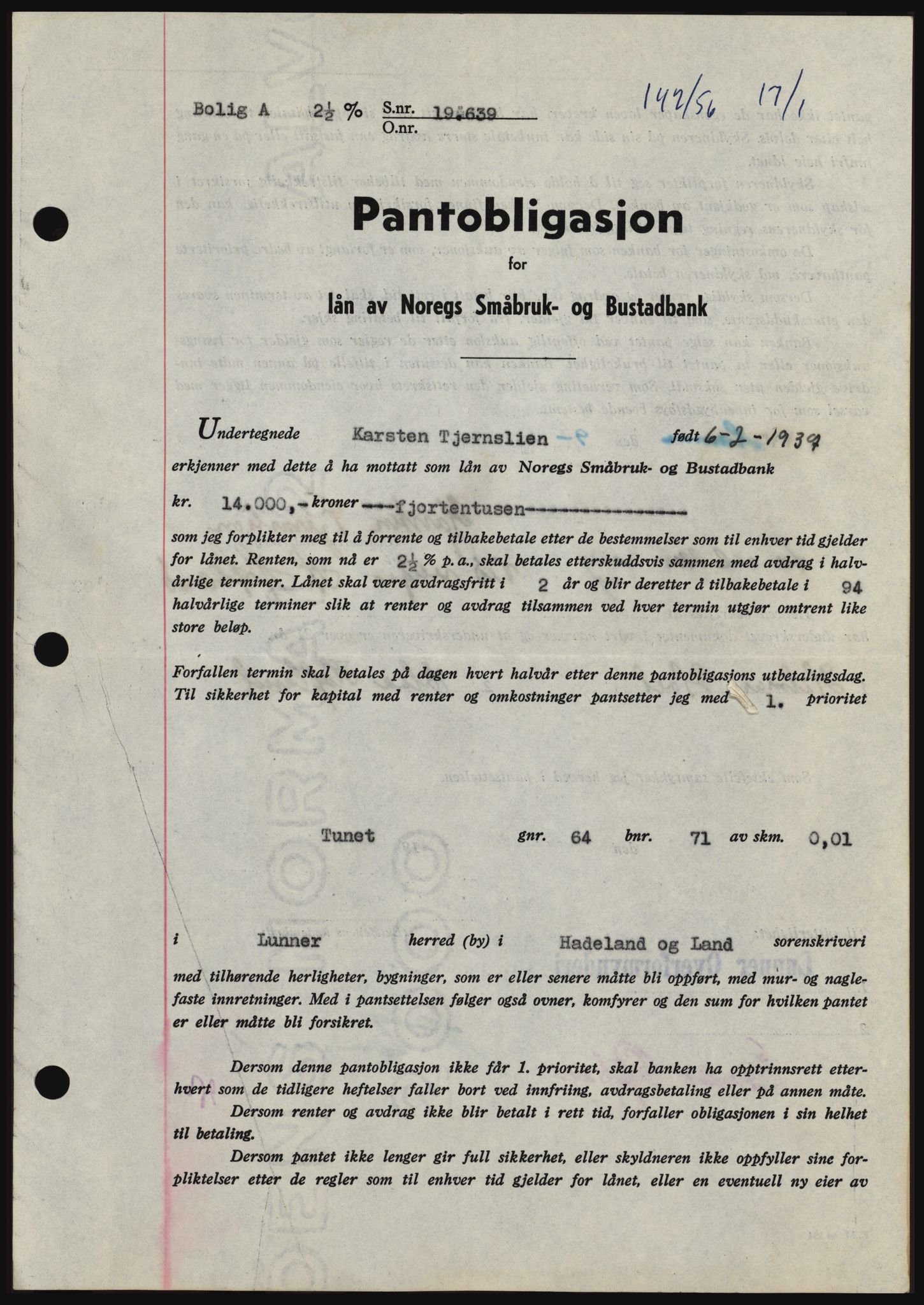 Hadeland og Land tingrett, SAH/TING-010/H/Hb/Hbc/L0033: Pantebok nr. B33, 1955-1956, Dagboknr: 142/1956