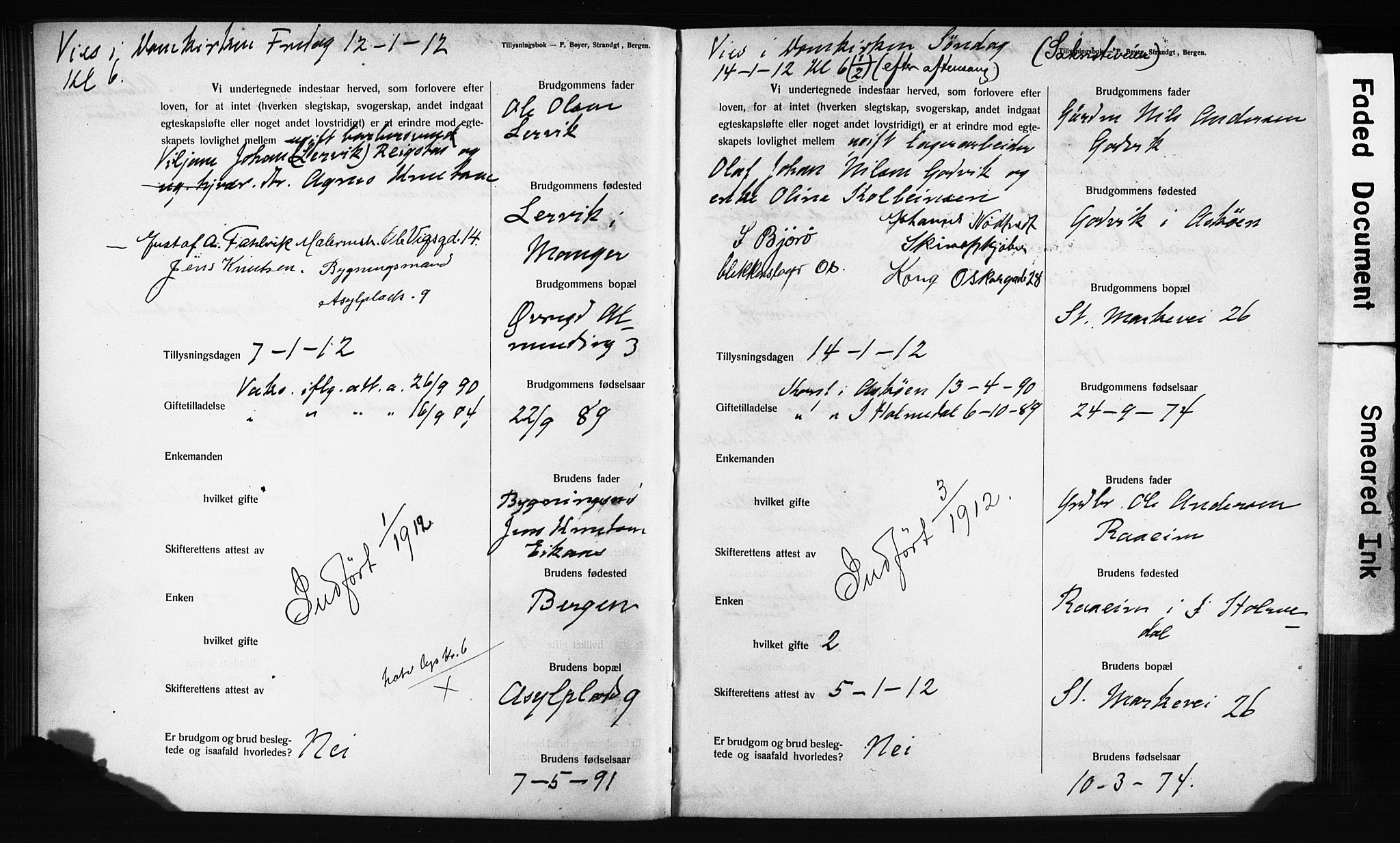 Domkirken sokneprestembete, SAB/A-74801: Forlovererklæringer nr. II.5.12, 1910-1917, s. 74