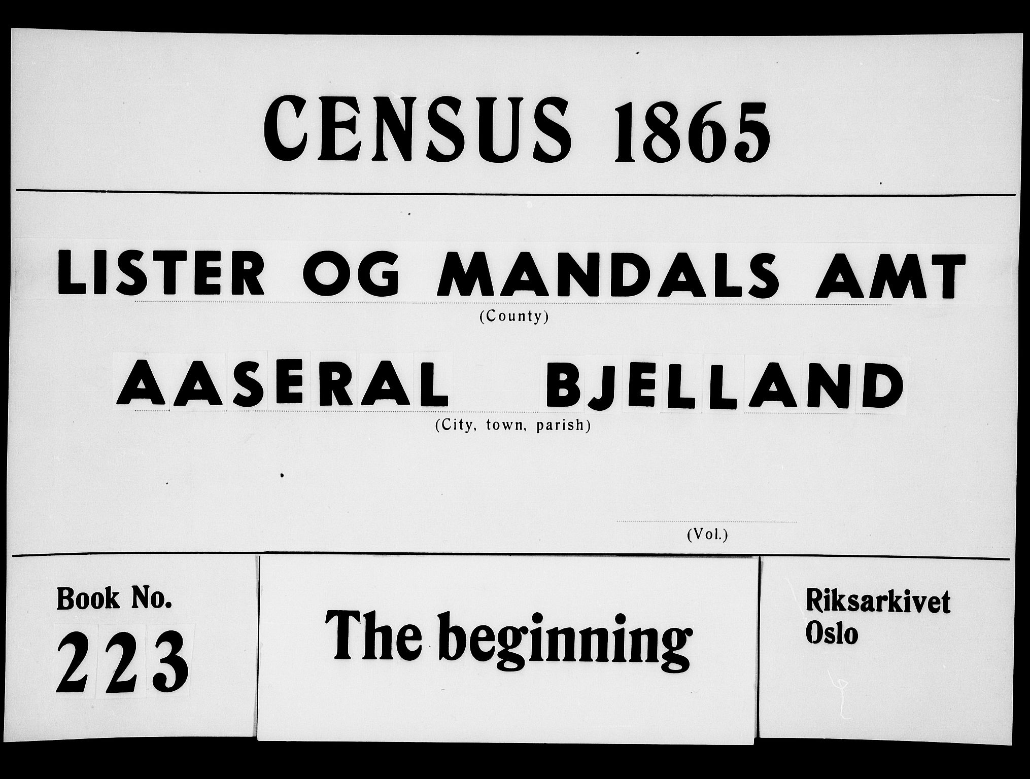 RA, Folketelling 1865 for 0980P Åseral prestegjeld, 1865, s. 1