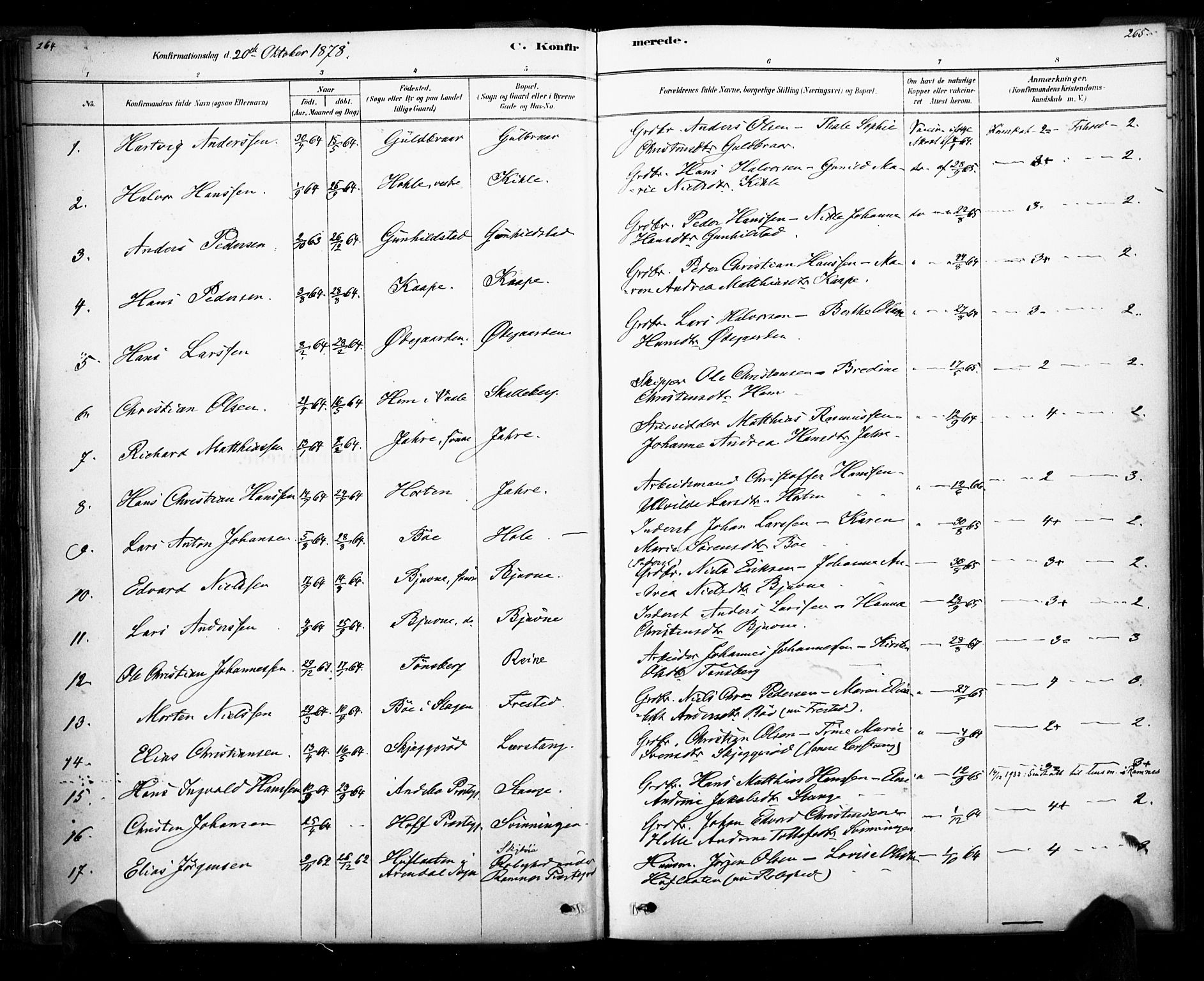 Ramnes kirkebøker, AV/SAKO-A-314/F/Fa/L0007: Ministerialbok nr. I 7, 1878-1895, s. 264-265