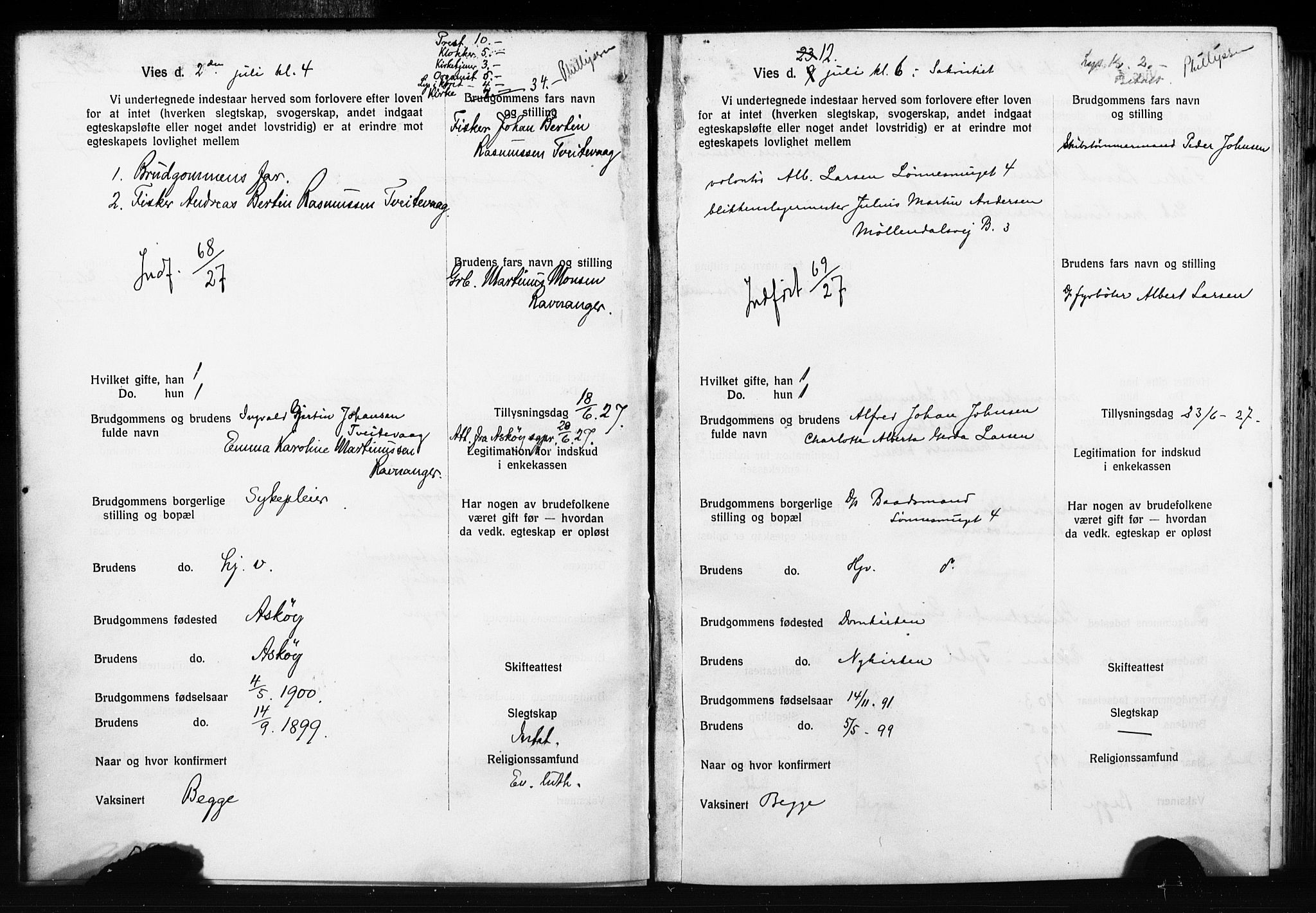 Domkirken sokneprestembete, AV/SAB-A-74801: Forlovererklæringer nr. II.5.15, 1927-1932, s. 8