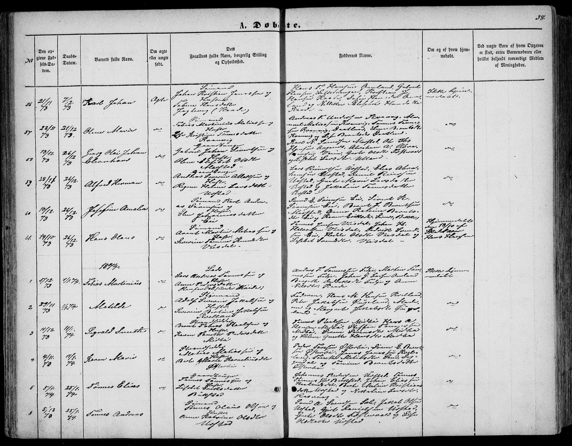 Flekkefjord sokneprestkontor, AV/SAK-1111-0012/F/Fb/Fbb/L0003: Klokkerbok nr. B 3, 1867-1889, s. 38