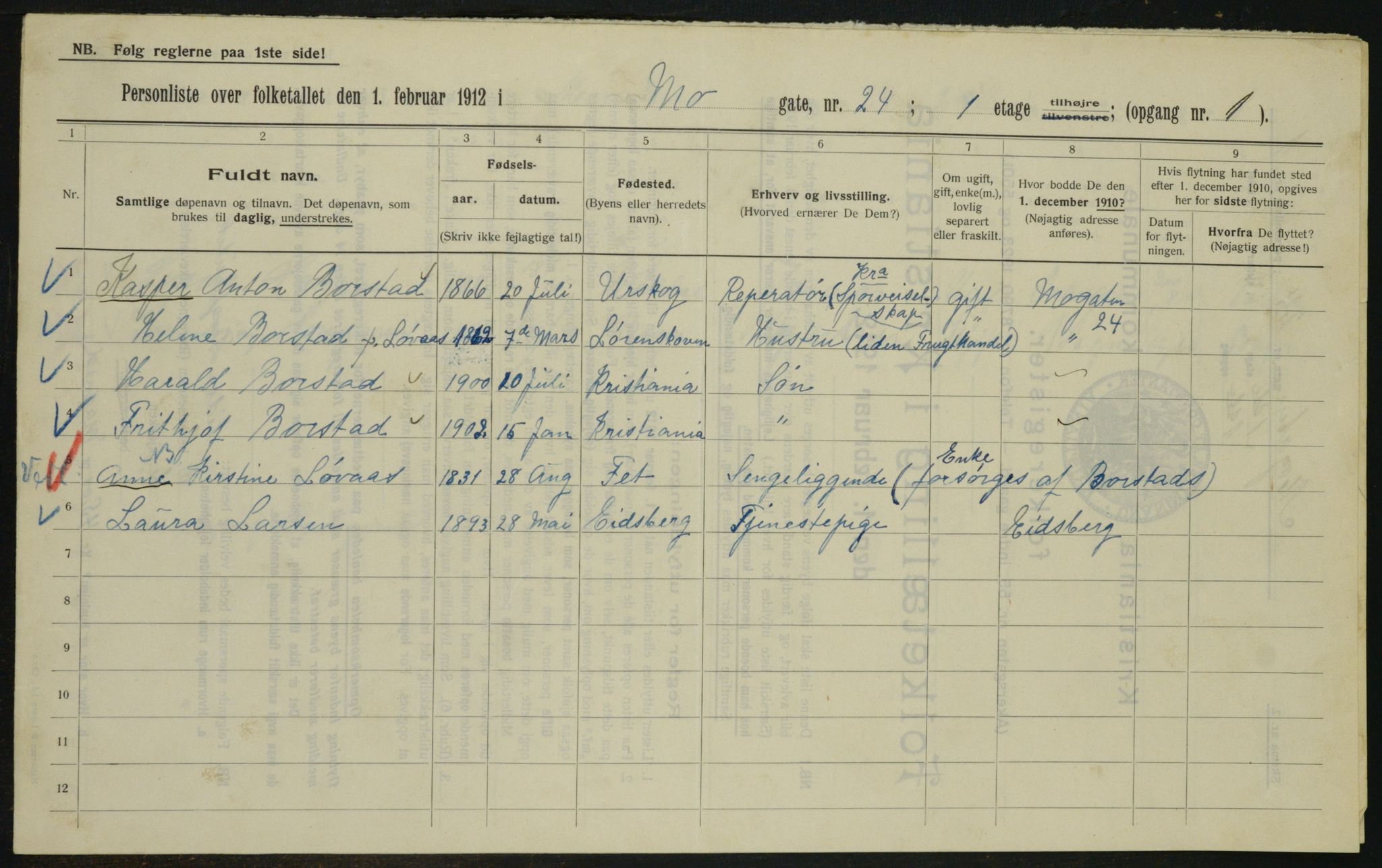 OBA, Kommunal folketelling 1.2.1912 for Kristiania, 1912, s. 66094