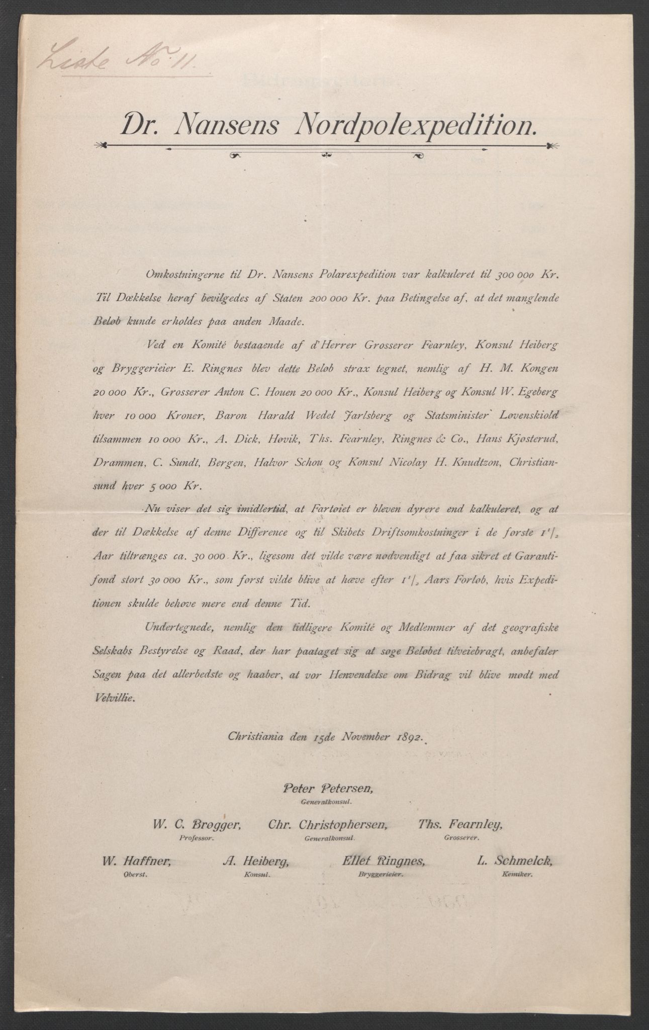 Arbeidskomitéen for Fridtjof Nansens polarekspedisjon, AV/RA-PA-0061/D/L0001/0003: Pengeinnsamlingen / Bidragslister med følgebrev, 1892-1893, s. 17