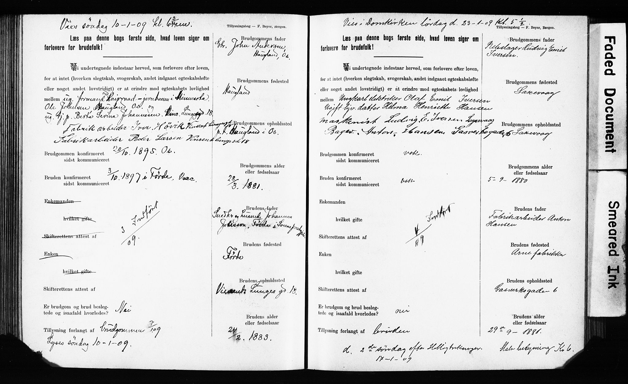 Domkirken sokneprestembete, SAB/A-74801: Forlovererklæringer nr. II.5.11, 1899-1910, s. 309