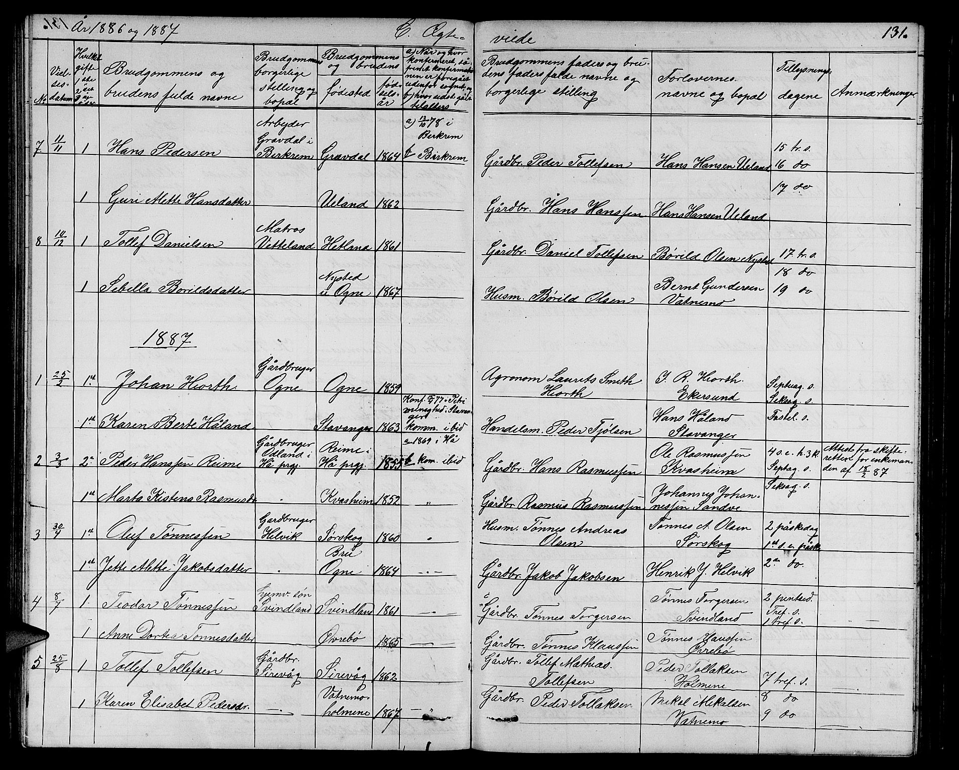 Eigersund sokneprestkontor, AV/SAST-A-101807/S09/L0006: Klokkerbok nr. B 6, 1876-1889, s. 131