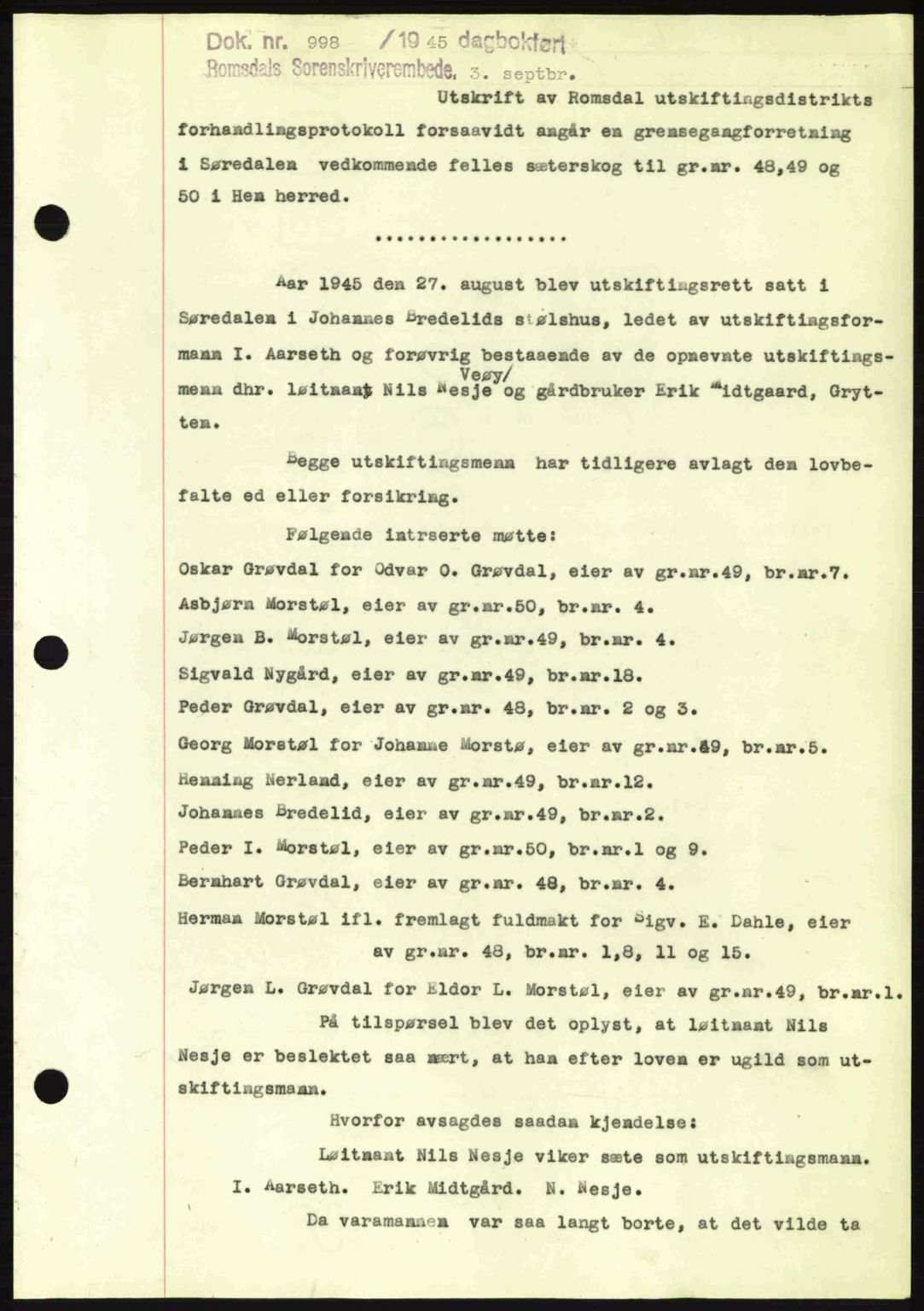 Romsdal sorenskriveri, SAT/A-4149/1/2/2C: Pantebok nr. A18, 1945-1945, Dagboknr: 998/1945