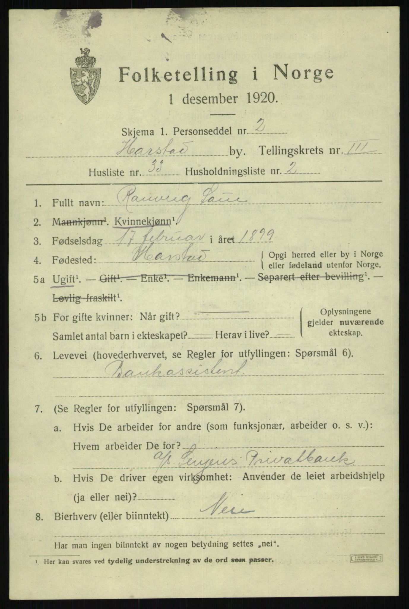 SATØ, Folketelling 1920 for 1901 Harstad ladested, 1920, s. 4786