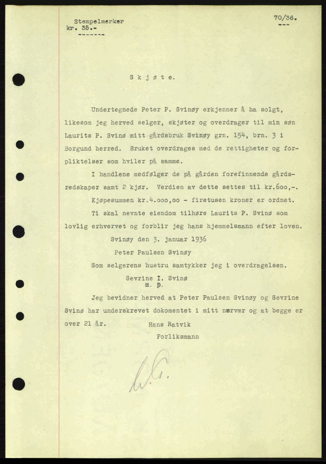 Nordre Sunnmøre sorenskriveri, AV/SAT-A-0006/1/2/2C/2Ca: Pantebok nr. A1, 1936-1936, Dagboknr: 70/1936