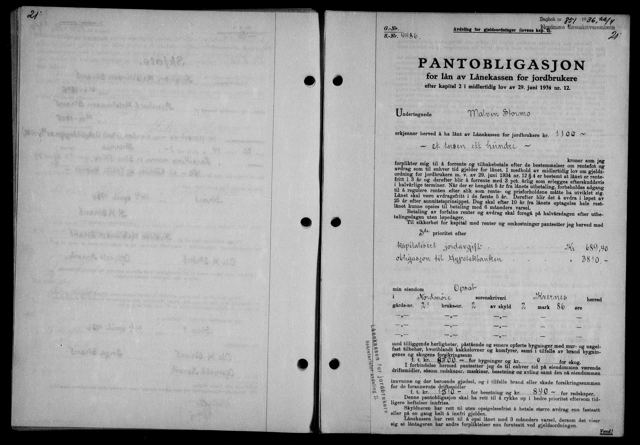 Nordmøre sorenskriveri, AV/SAT-A-4132/1/2/2Ca/L0088: Pantebok nr. 78, 1936-1936, Dagboknr: 851/1936