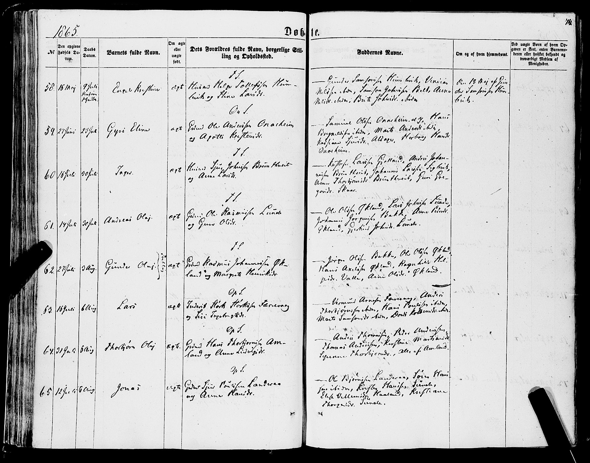 Tysnes sokneprestembete, AV/SAB-A-78601/H/Haa: Ministerialbok nr. A 11, 1860-1871, s. 74
