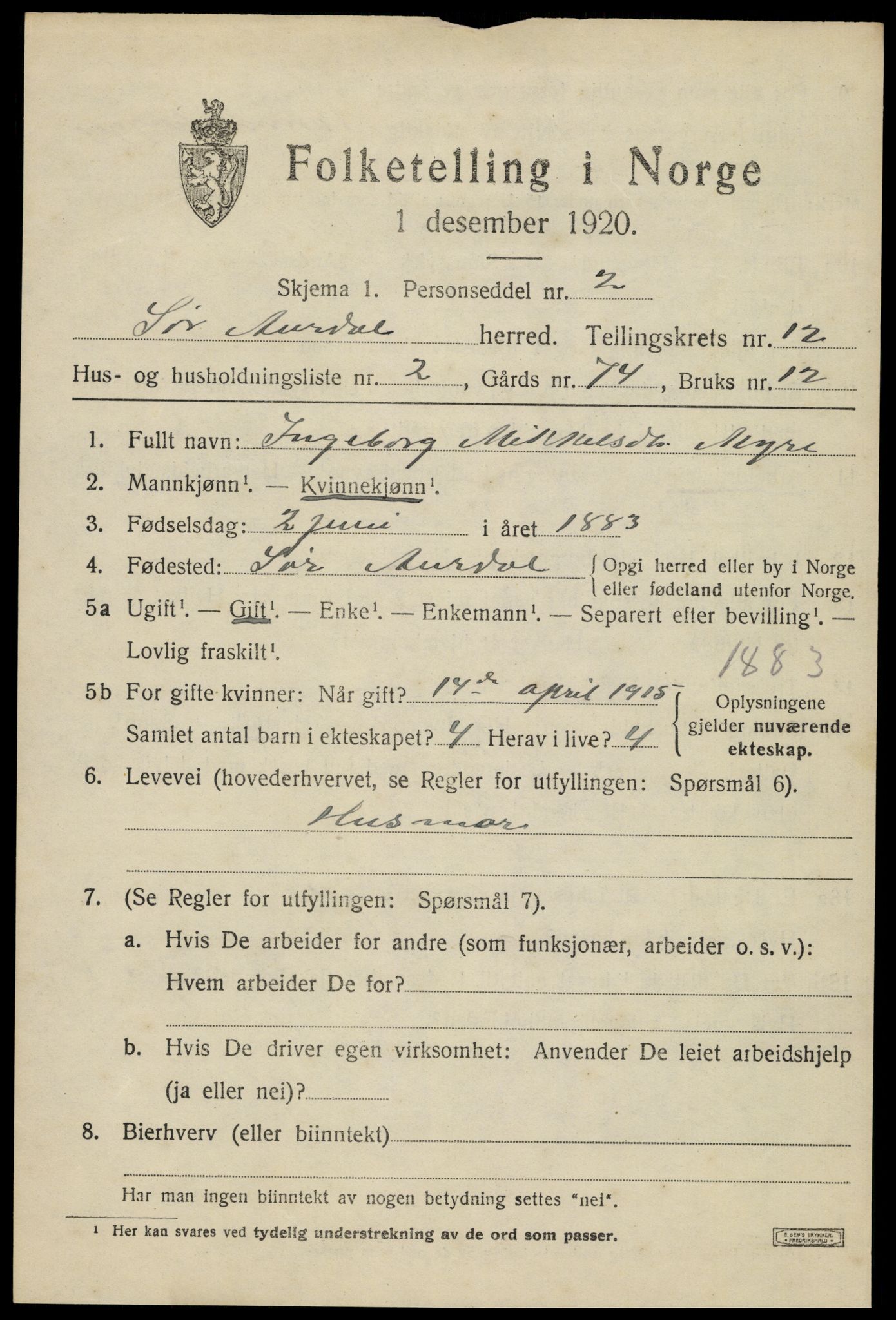 SAH, Folketelling 1920 for 0540 Sør-Aurdal herred, 1920, s. 6677