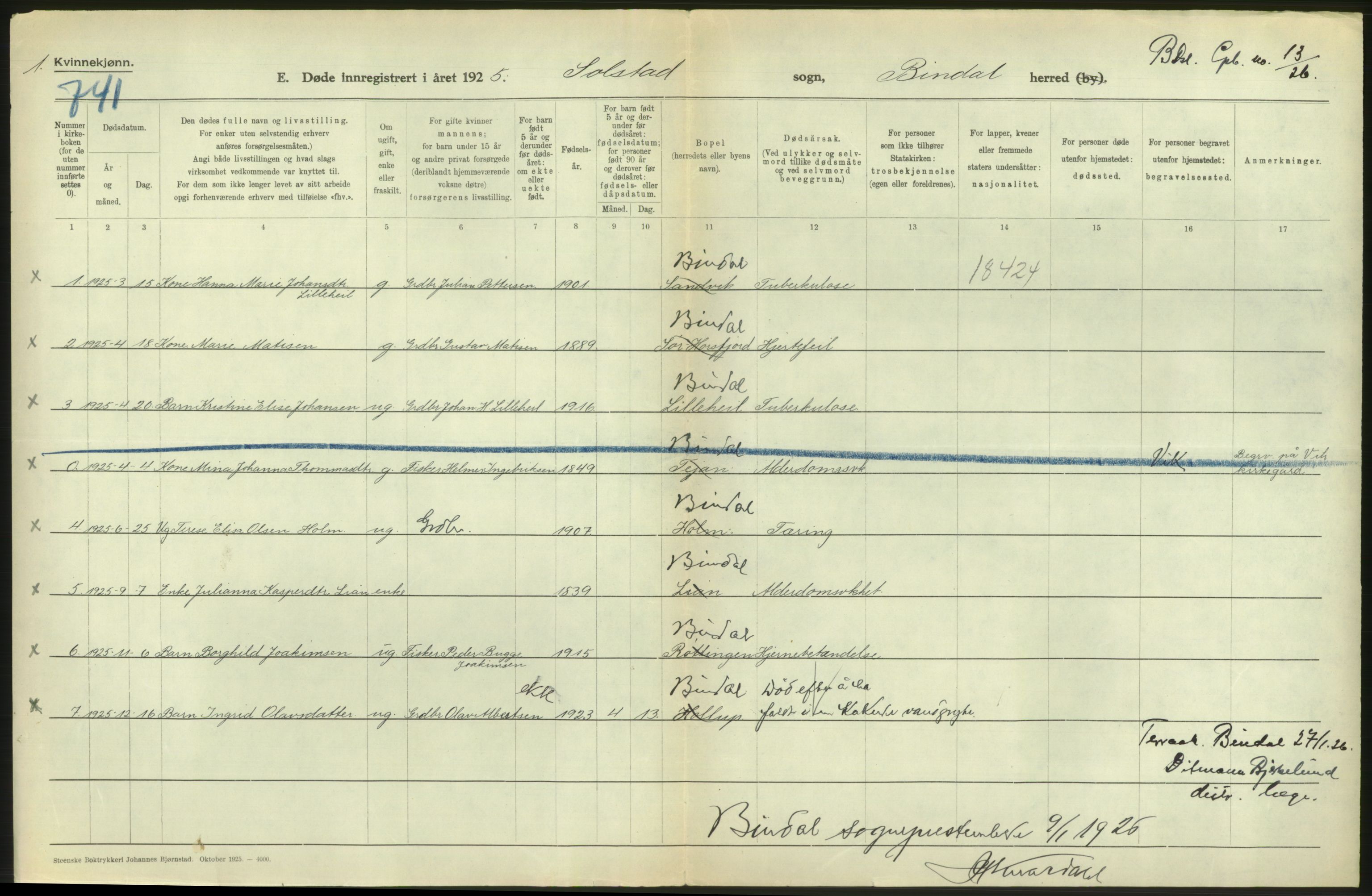 Statistisk sentralbyrå, Sosiodemografiske emner, Befolkning, RA/S-2228/D/Df/Dfc/Dfce/L0043: N. Trøndelag fylke: Døde. Bygder og byer., 1925, s. 312