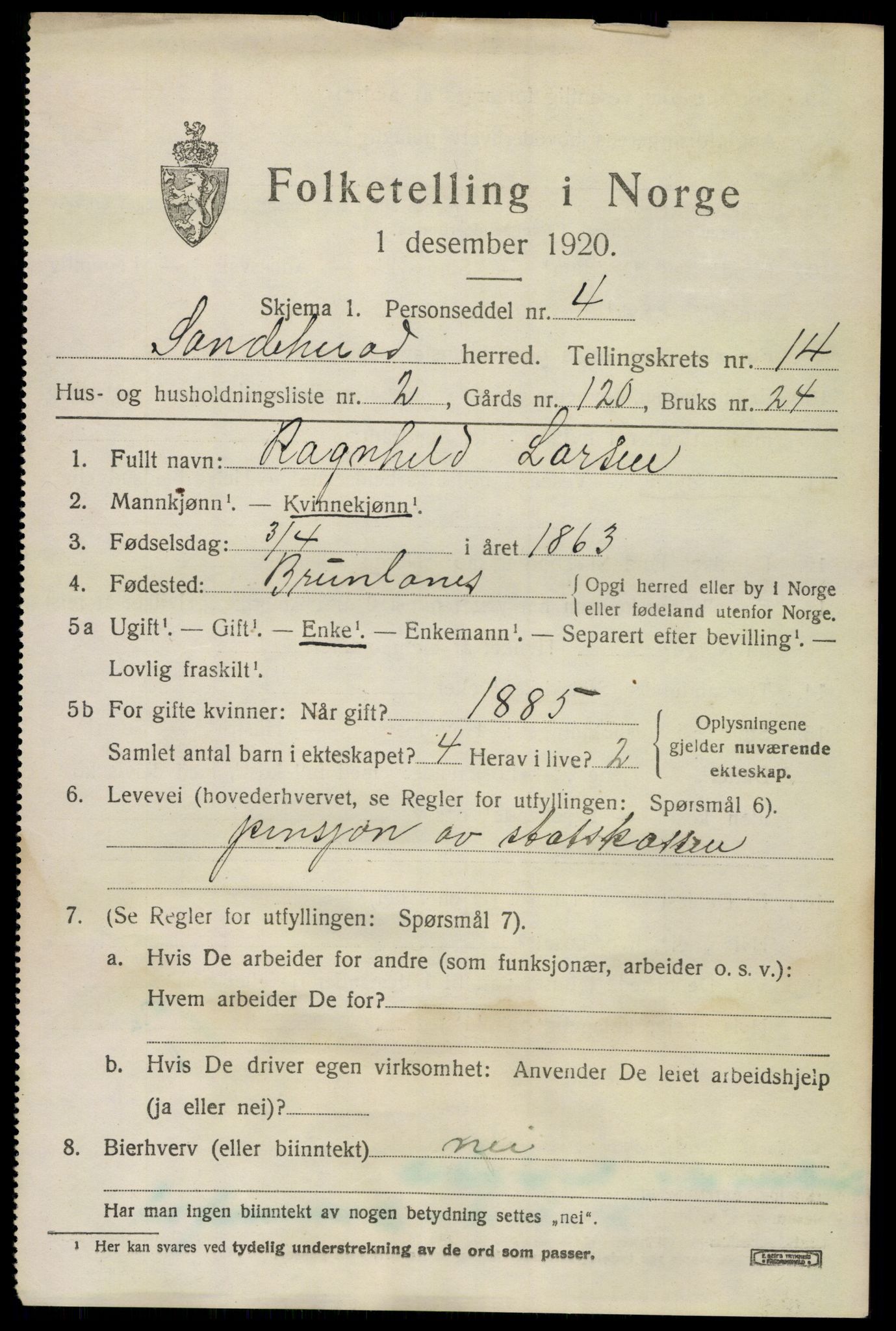 SAKO, Folketelling 1920 for 0724 Sandeherred herred, 1920, s. 20206