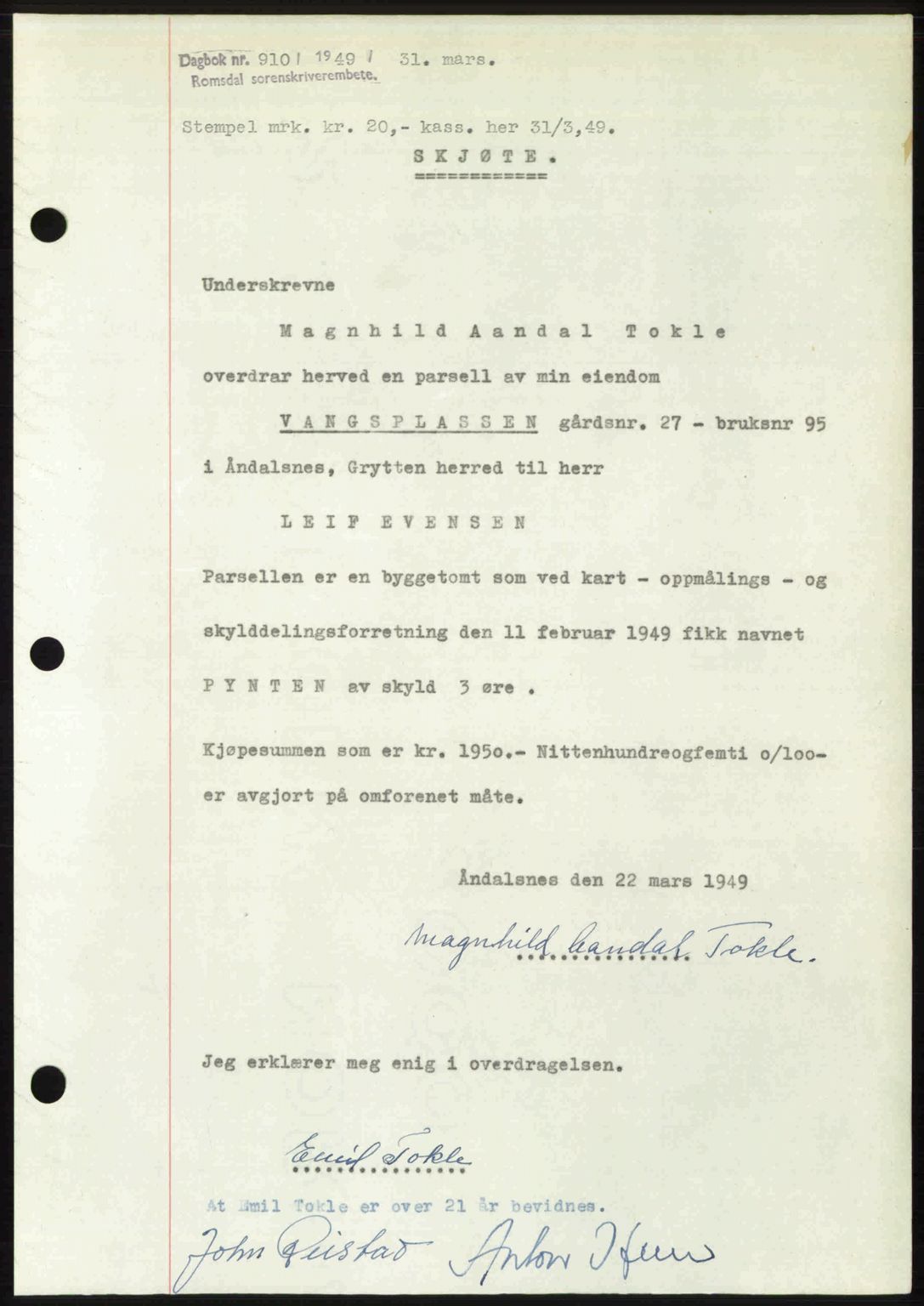Romsdal sorenskriveri, SAT/A-4149/1/2/2C: Pantebok nr. A29, 1949-1949, Dagboknr: 910/1949
