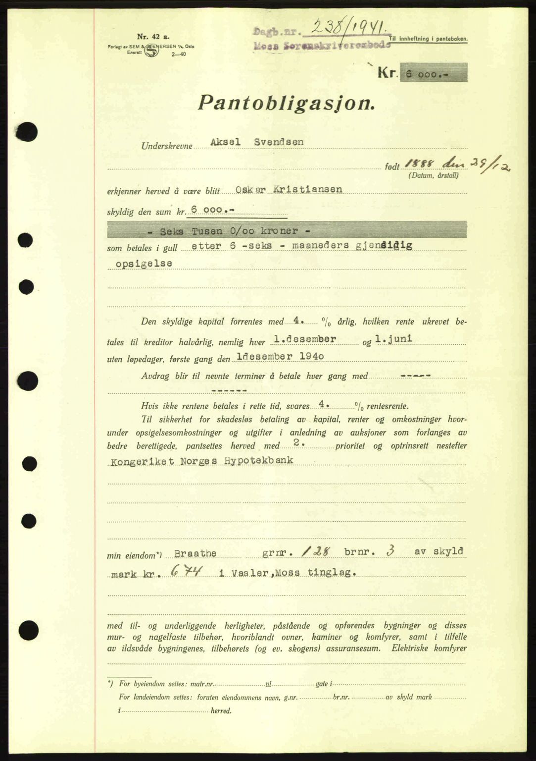Moss sorenskriveri, SAO/A-10168: Pantebok nr. B10, 1940-1941, Dagboknr: 238/1941