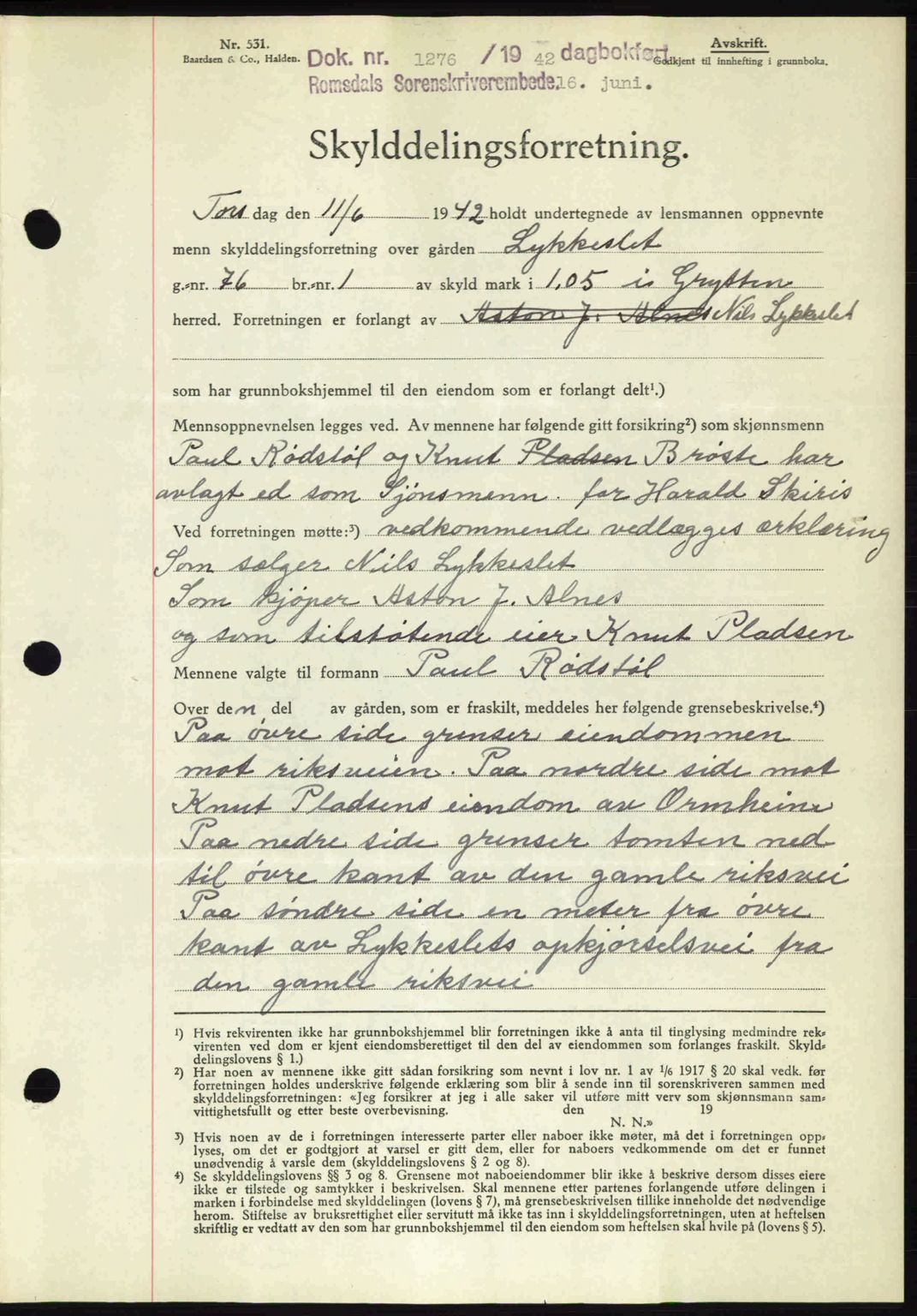 Romsdal sorenskriveri, SAT/A-4149/1/2/2C: Pantebok nr. A12, 1942-1942, Dagboknr: 1276/1942