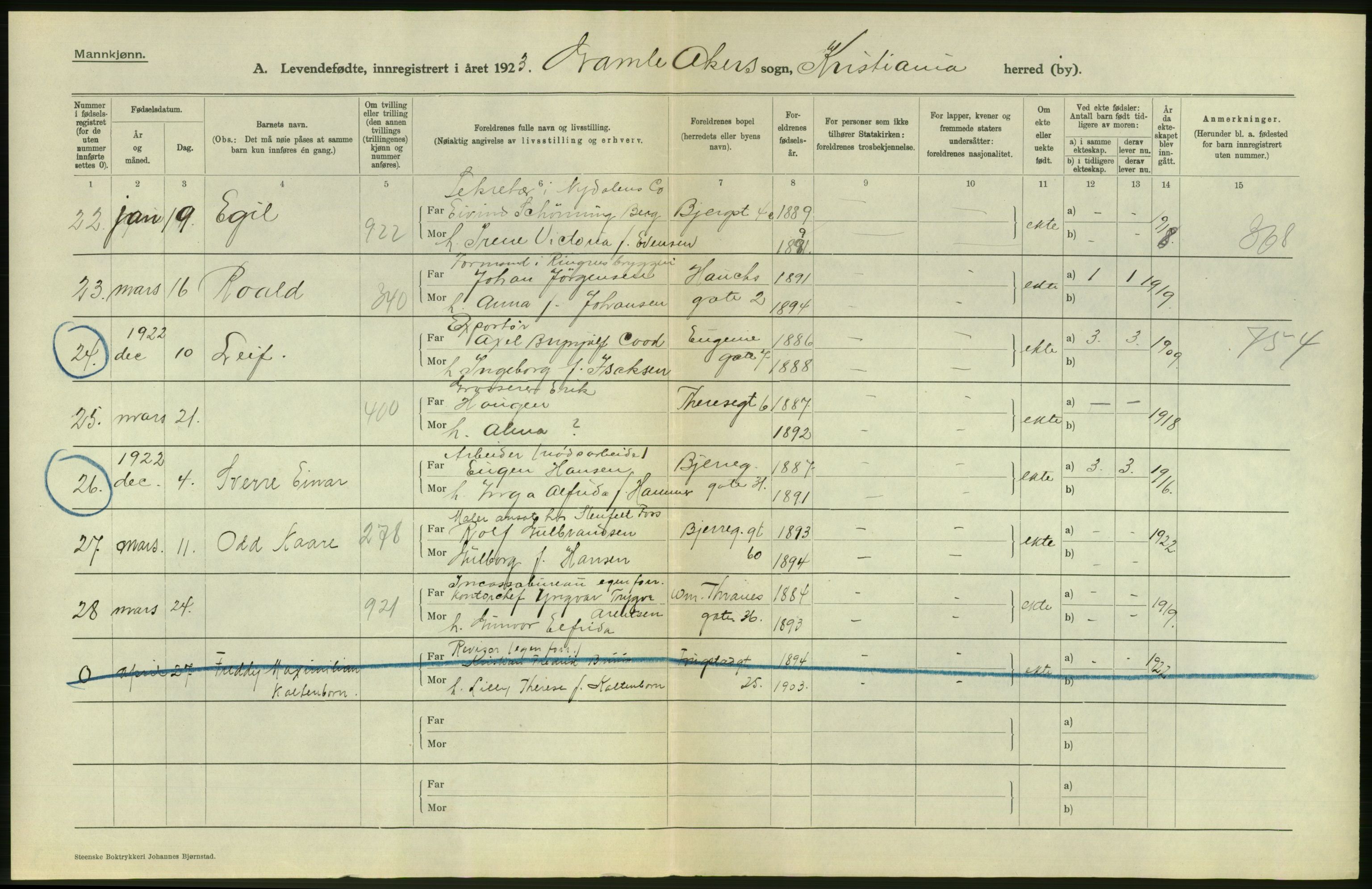 Statistisk sentralbyrå, Sosiodemografiske emner, Befolkning, AV/RA-S-2228/D/Df/Dfc/Dfcc/L0006: Kristiania: Levendefødte menn og kvinner., 1923, s. 8