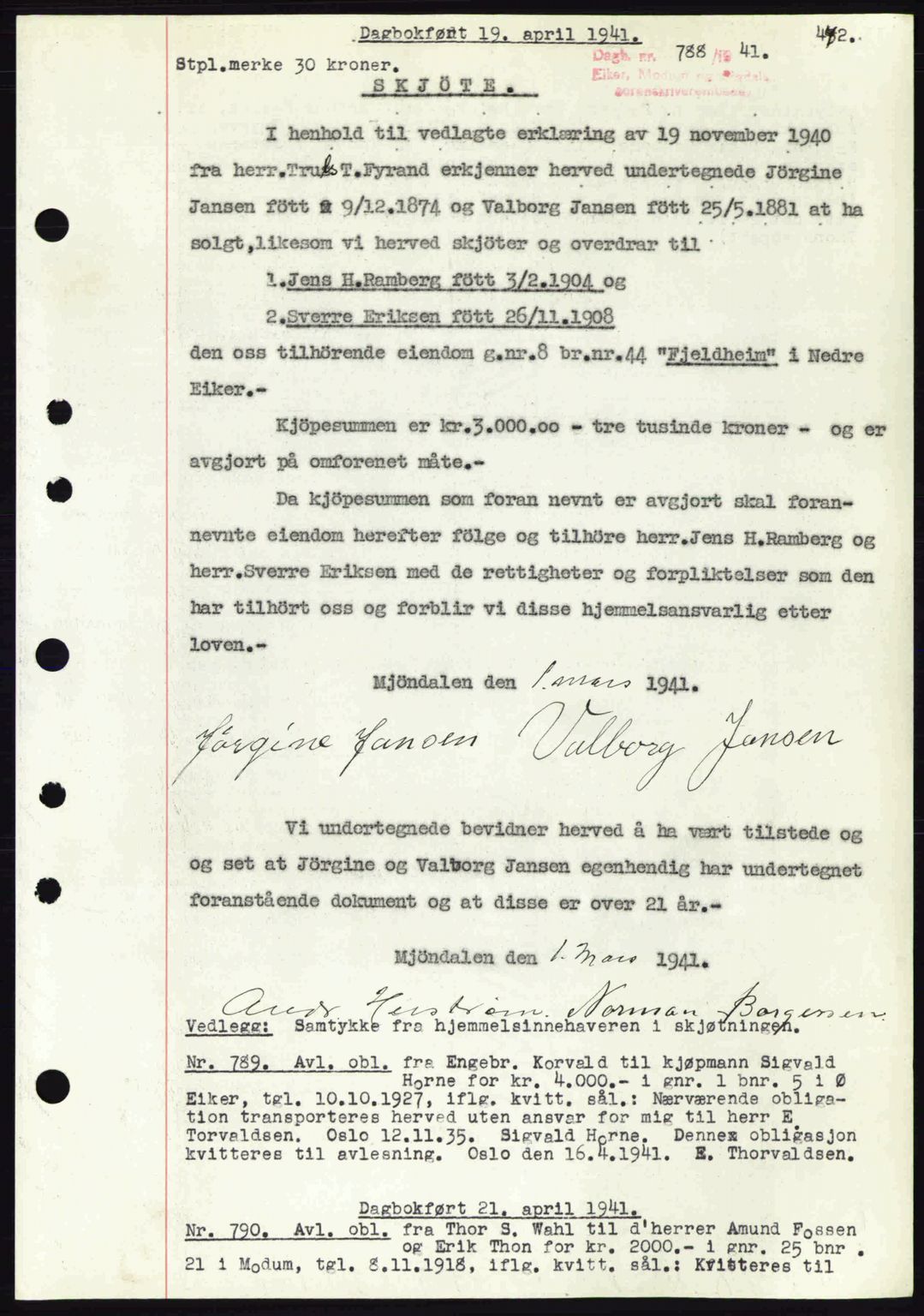 Eiker, Modum og Sigdal sorenskriveri, SAKO/A-123/G/Ga/Gab/L0043: Pantebok nr. A13, 1940-1941, Dagboknr: 788/1941