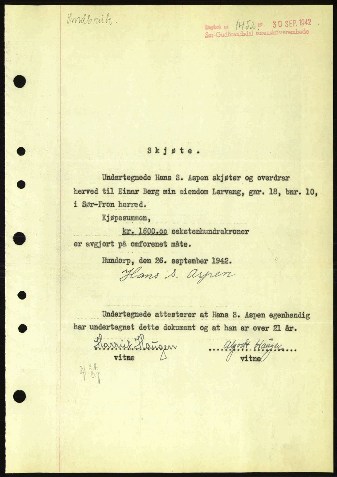 Sør-Gudbrandsdal tingrett, SAH/TING-004/H/Hb/Hbd/L0011: Pantebok nr. A11, 1942-1943, Dagboknr: 1452/1942
