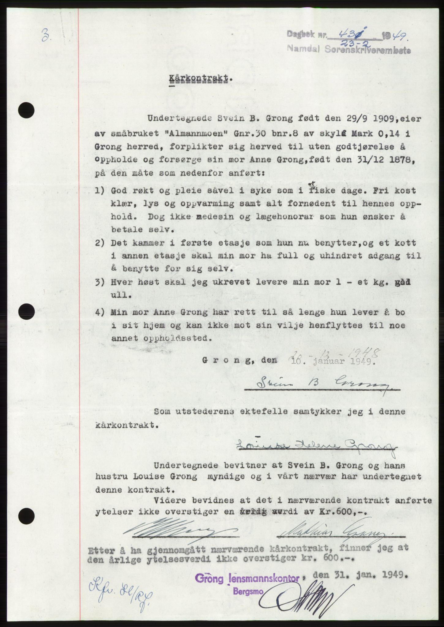 Namdal sorenskriveri, SAT/A-4133/1/2/2C: Pantebok nr. -, 1949-1949, Dagboknr: 431/1949