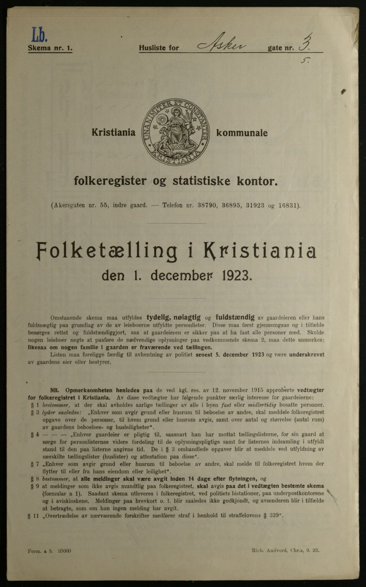 OBA, Kommunal folketelling 1.12.1923 for Kristiania, 1923, s. 3165