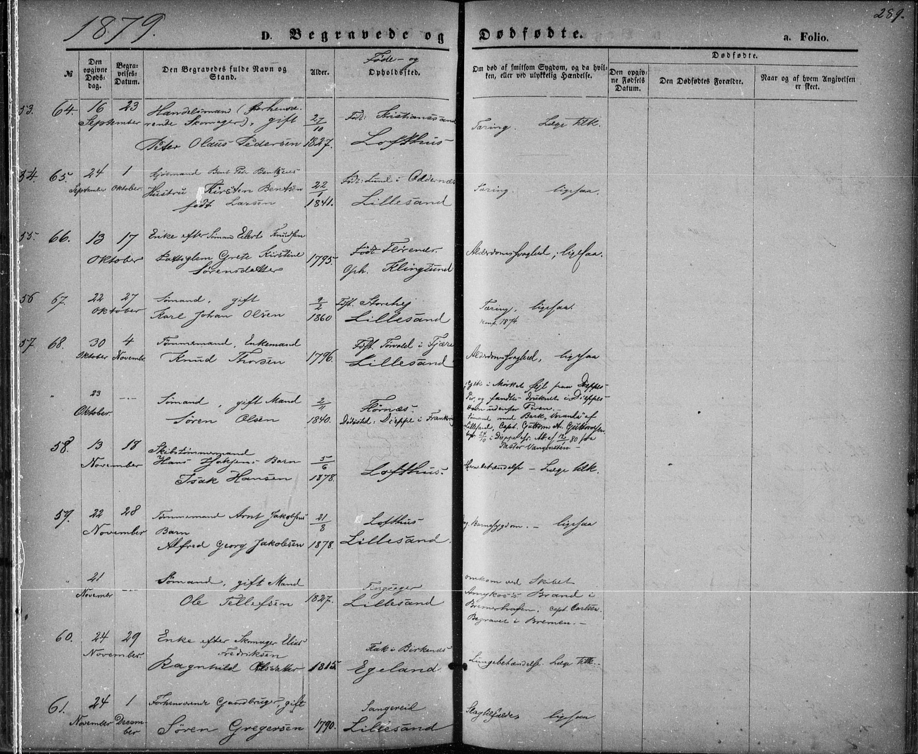 Vestre Moland sokneprestkontor, SAK/1111-0046/F/Fa/Fab/L0008: Ministerialbok nr. A 8, 1873-1883, s. 289
