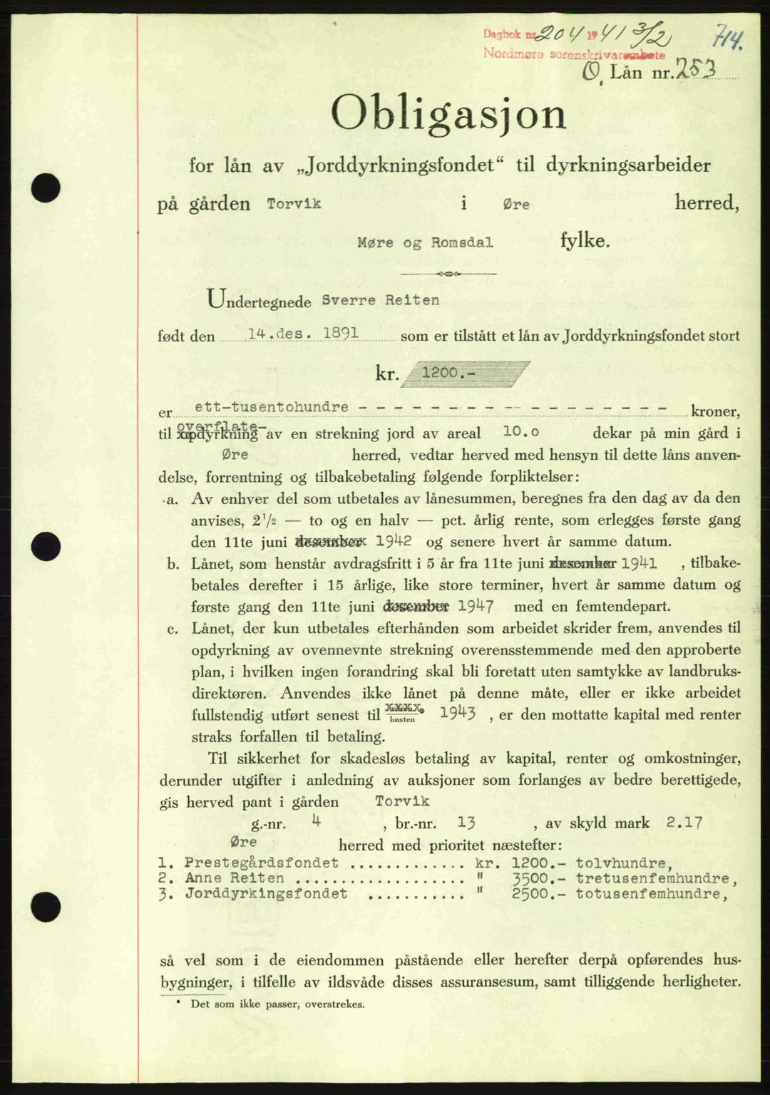 Nordmøre sorenskriveri, AV/SAT-A-4132/1/2/2Ca: Pantebok nr. B87, 1940-1941, Dagboknr: 204/1941