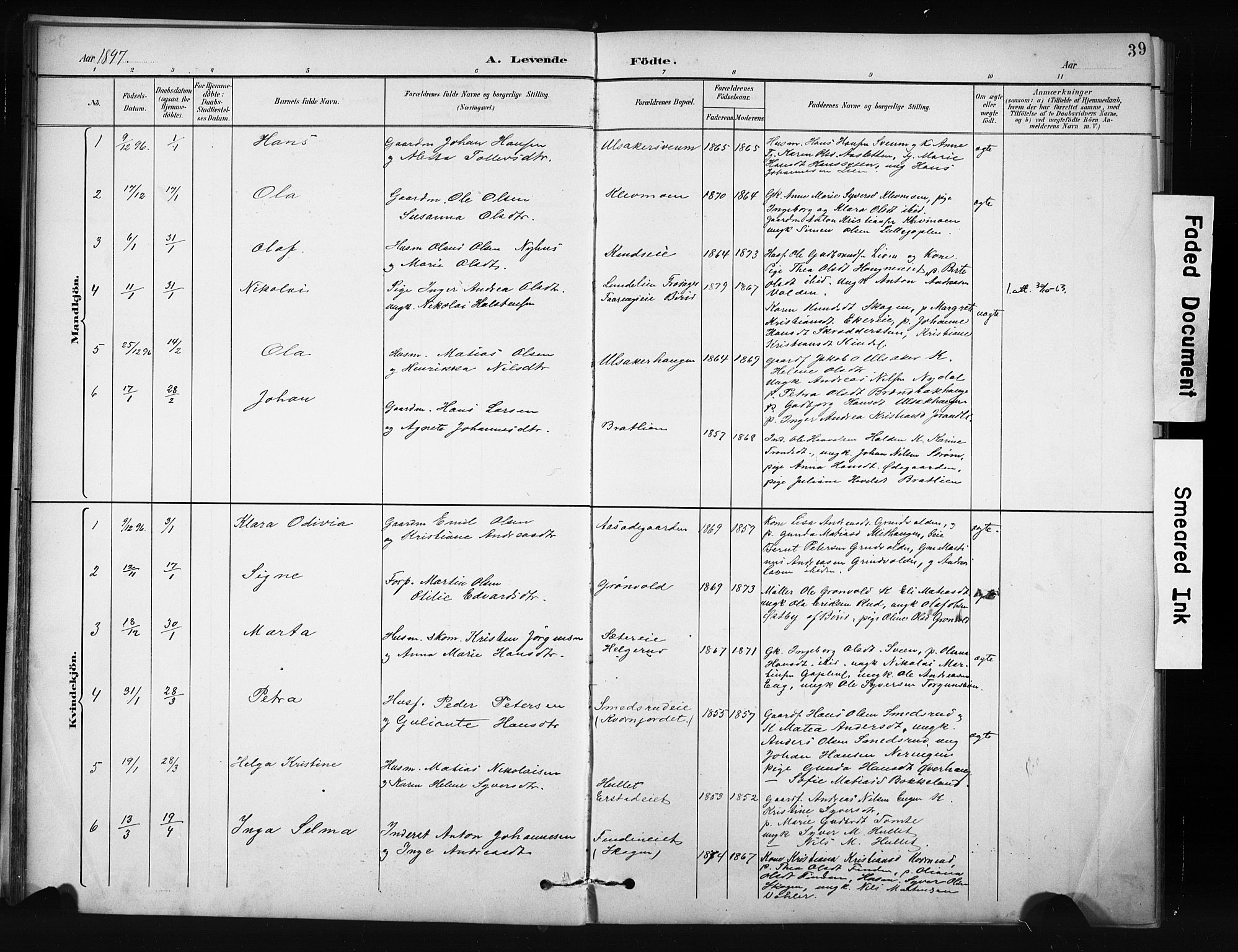 Nordre Land prestekontor, SAH/PREST-124/H/Ha/Hab/L0012: Klokkerbok nr. 12, 1891-1909, s. 39