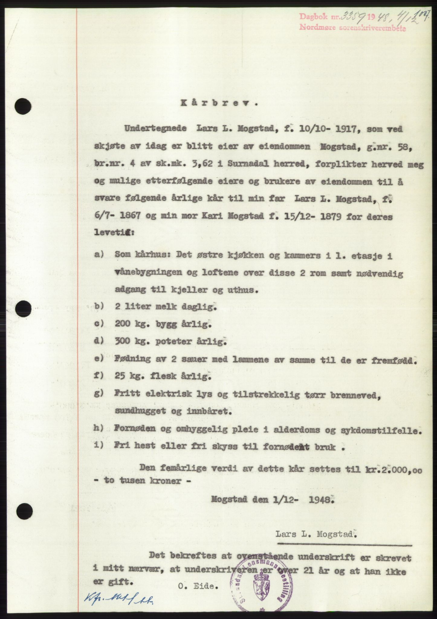 Nordmøre sorenskriveri, SAT/A-4132/1/2/2Ca: Pantebok nr. B100, 1948-1949, Dagboknr: 3359/1948