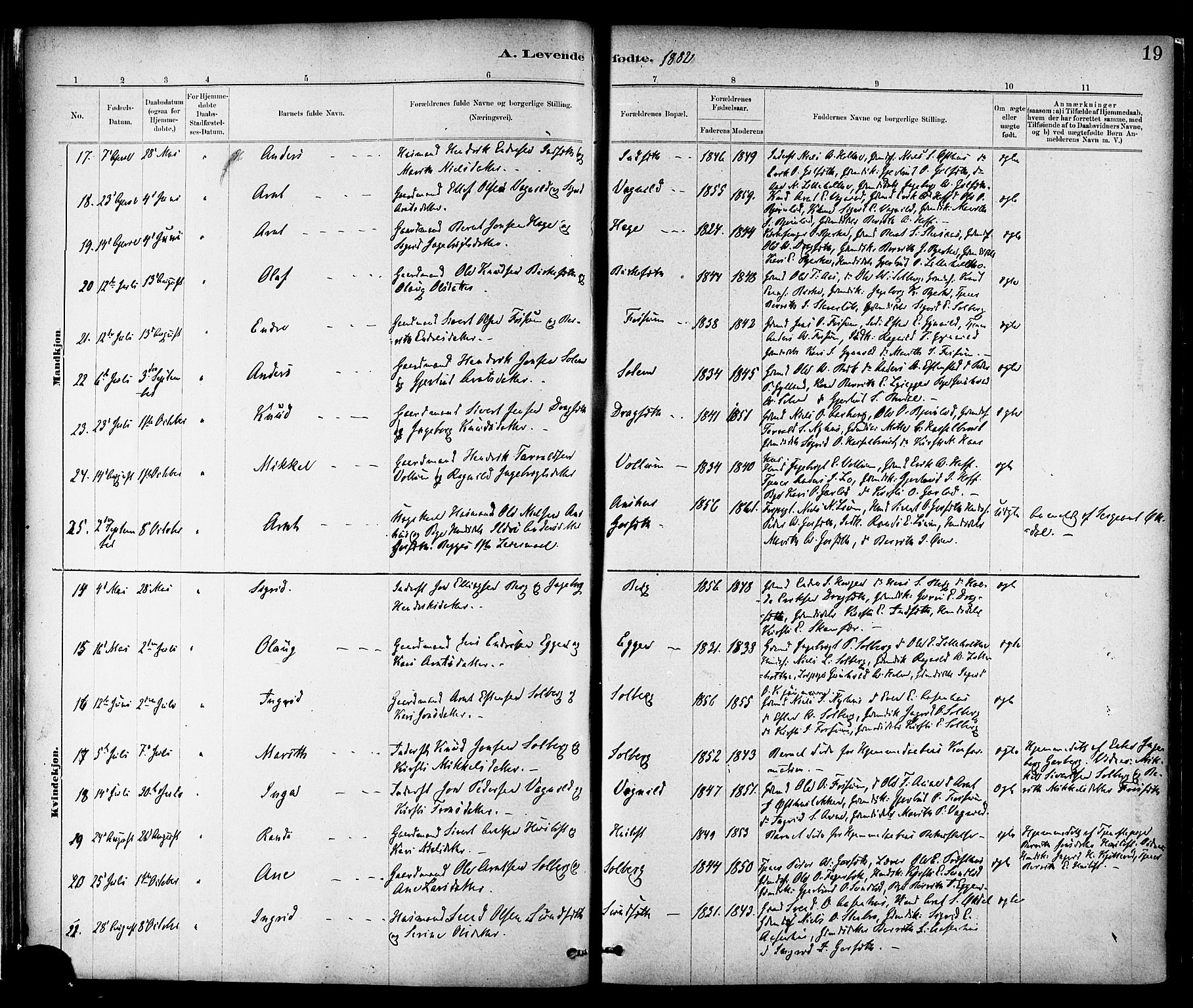 Ministerialprotokoller, klokkerbøker og fødselsregistre - Sør-Trøndelag, SAT/A-1456/689/L1040: Ministerialbok nr. 689A05, 1878-1890, s. 19