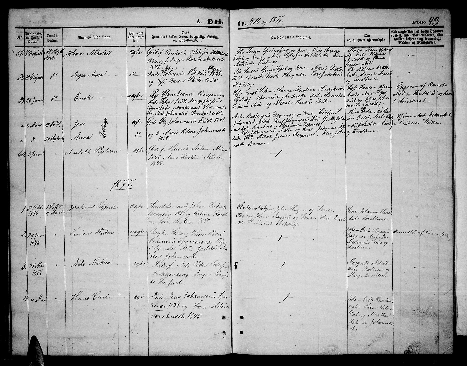 Skjervøy sokneprestkontor, AV/SATØ-S-1300/H/Ha/Hab/L0005klokker: Klokkerbok nr. 5, 1871-1877, s. 43