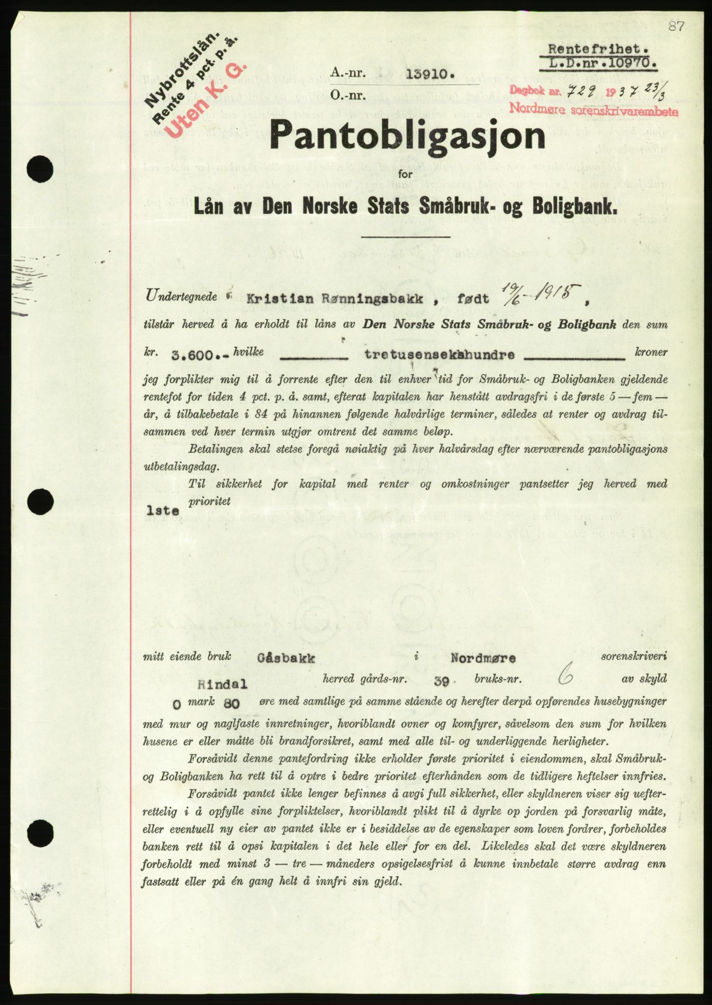 Nordmøre sorenskriveri, AV/SAT-A-4132/1/2/2Ca/L0091: Pantebok nr. B81, 1937-1937, Dagboknr: 729/1937