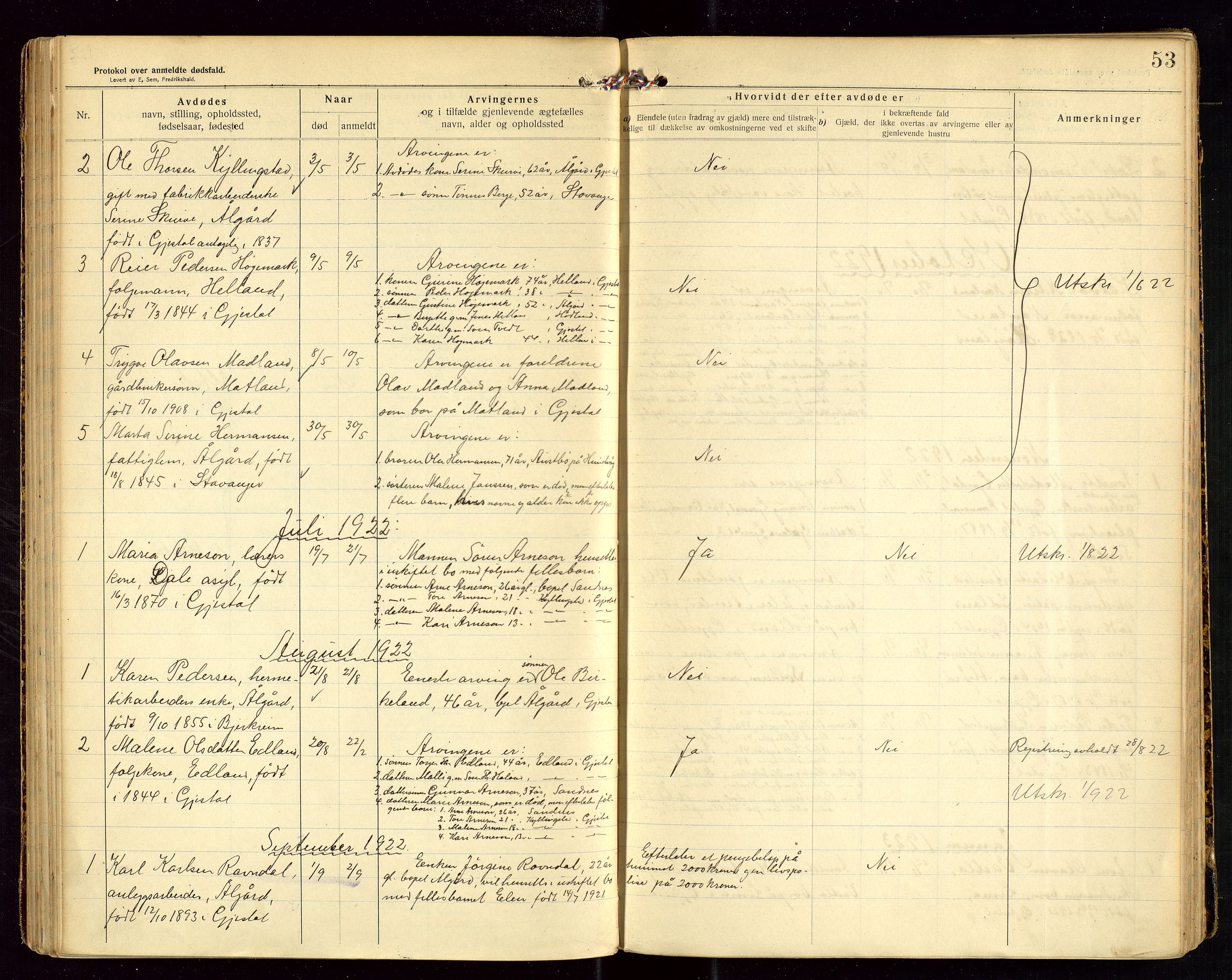 Gjesdal lensmannskontor, SAST/A-100441/Gga/L0002: Dødsfallprotokoll, 1911-1933, s. 53