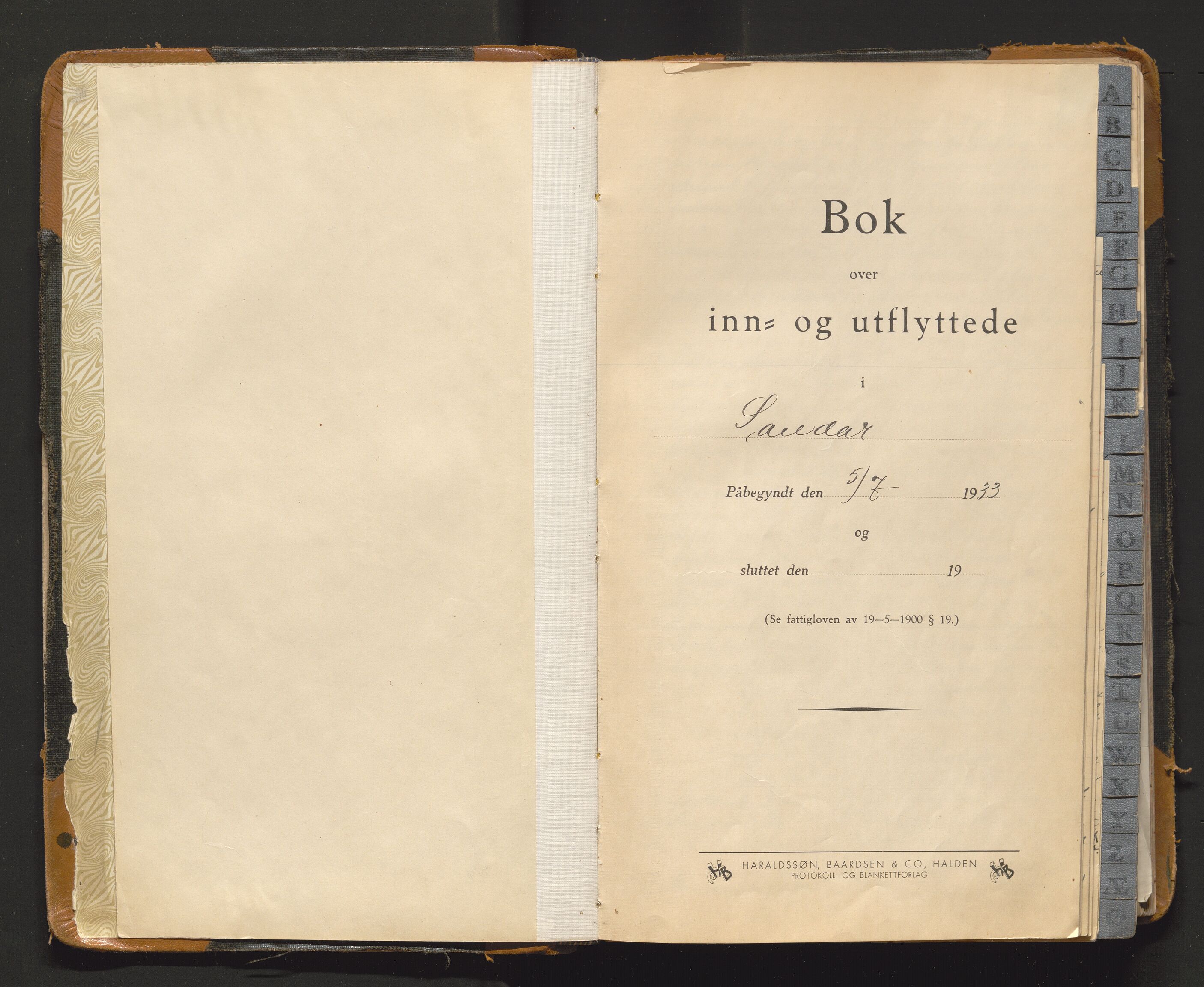 Sandar lensmannskontor, AV/SAKO-A-545/O/Oa/L0009: Protokoll over inn- og utflyttede, 1933-1940