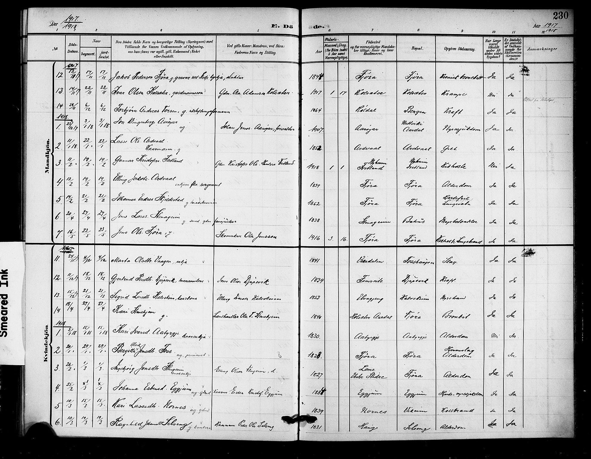 Sogndal sokneprestembete, AV/SAB-A-81301/H/Hab/Haba/L0002: Klokkerbok nr. A 2, 1908-1924, s. 230