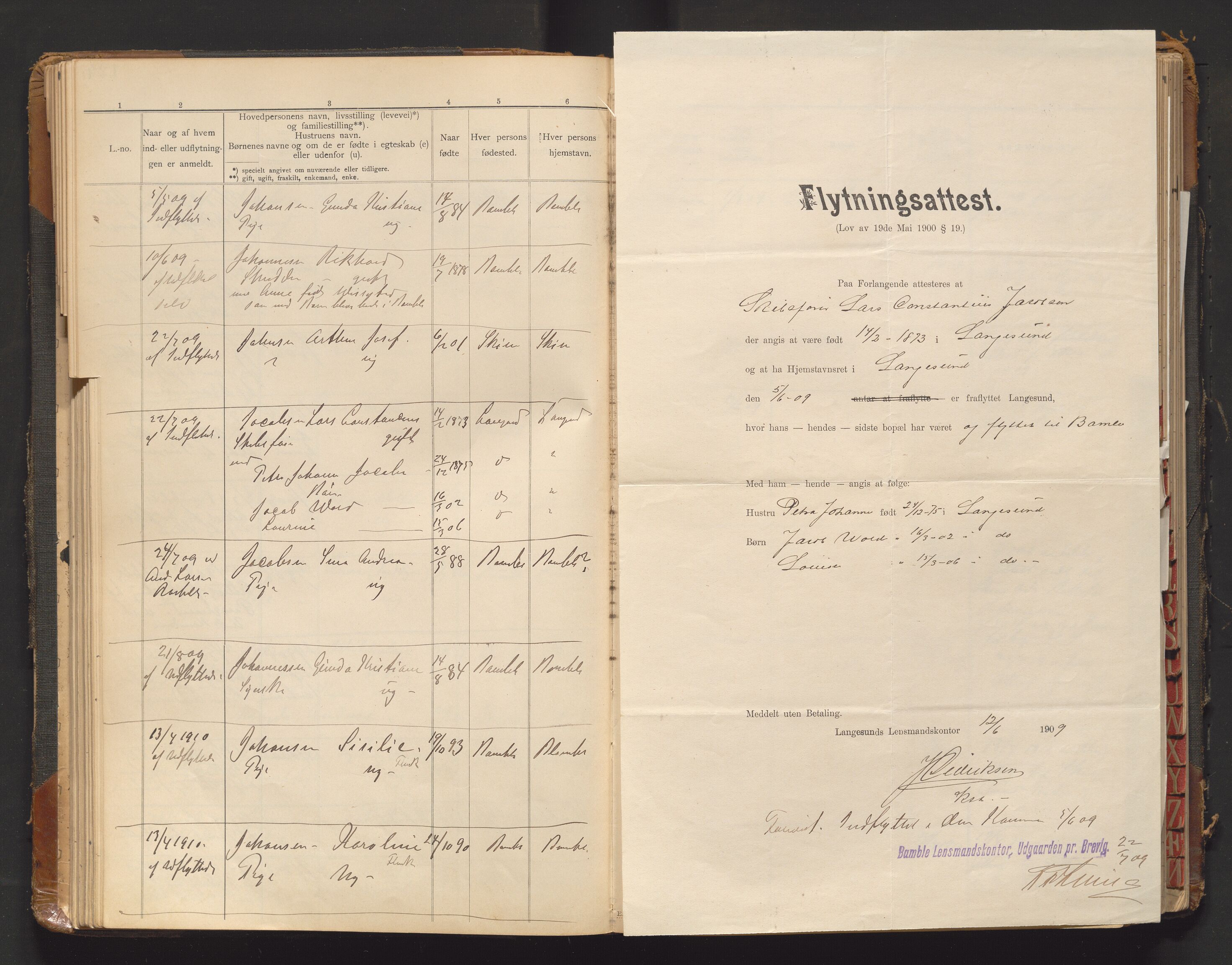 Bamble lensmannskontor, AV/SAKO-A-552/O/Oa/L0001: Protokoll over inn- og utflyttede - Bamble, 1901-1933