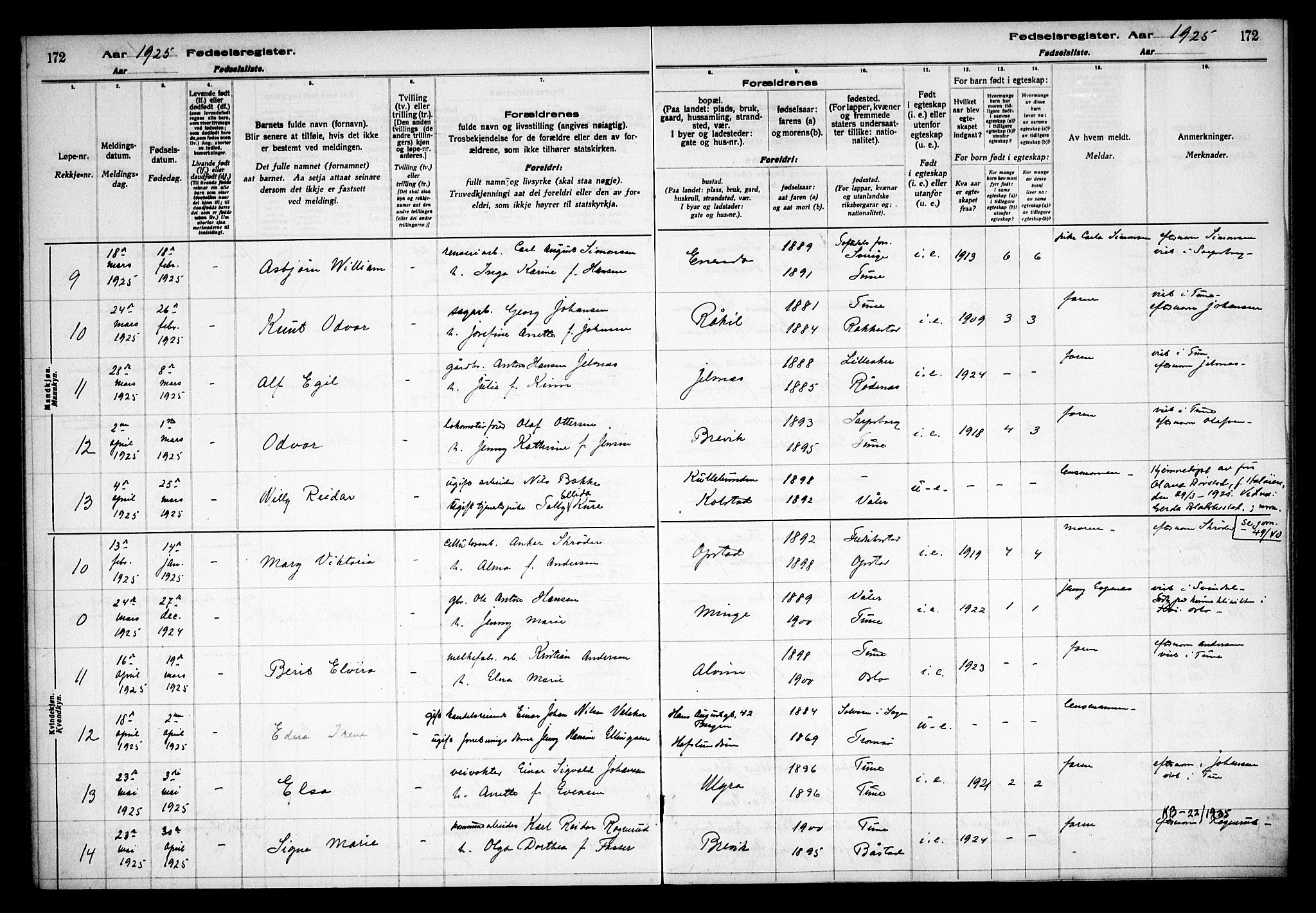 Tune prestekontor Kirkebøker, AV/SAO-A-2007/J/Ja/L0001: Fødselsregister nr. I 1, 1916-1928, s. 172