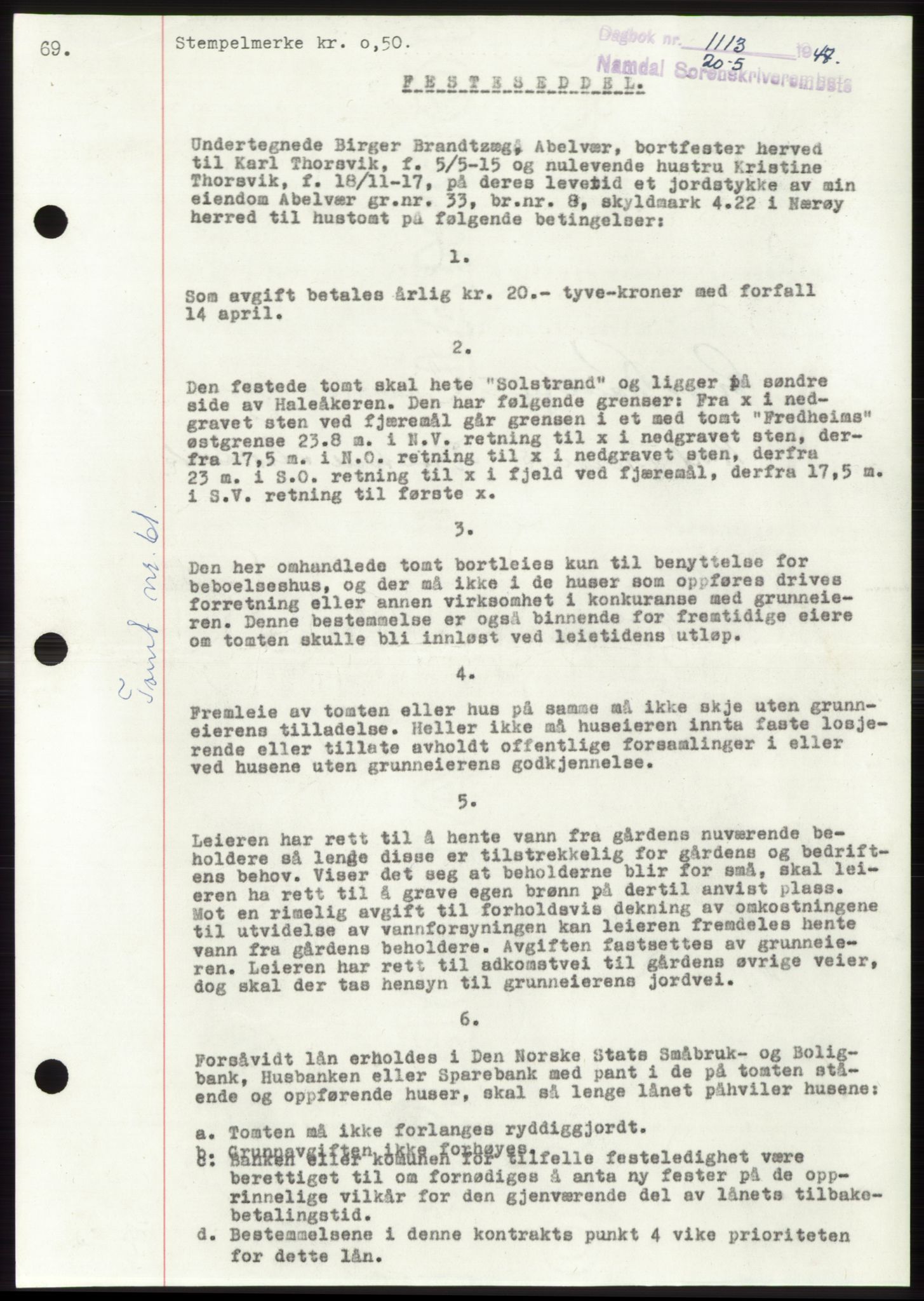 Namdal sorenskriveri, SAT/A-4133/1/2/2C: Pantebok nr. -, 1947-1947, Dagboknr: 1113/1947