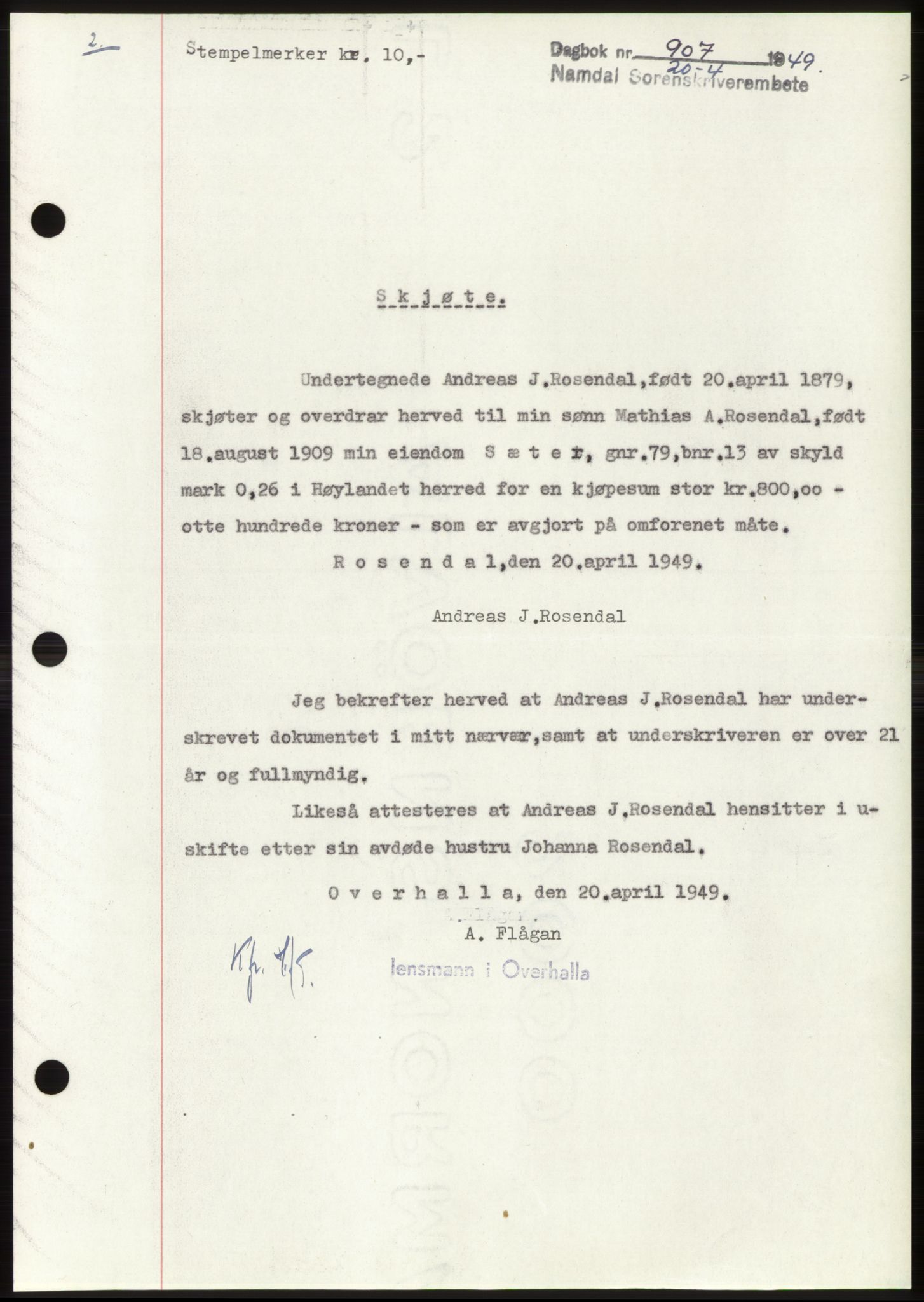 Namdal sorenskriveri, SAT/A-4133/1/2/2C: Pantebok nr. -, 1949-1949, Dagboknr: 907/1949