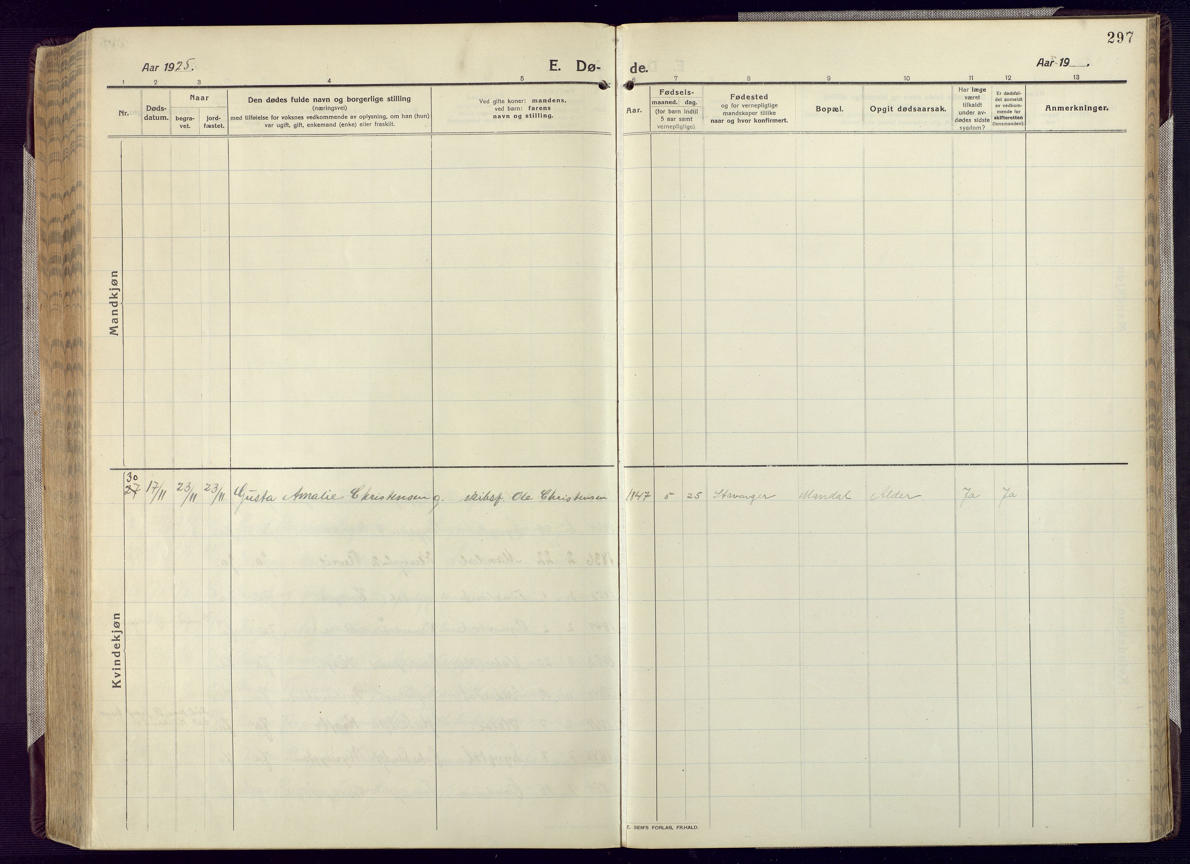 Mandal sokneprestkontor, AV/SAK-1111-0030/F/Fa/Fac/L0001: Ministerialbok nr. A 1, 1913-1925, s. 297