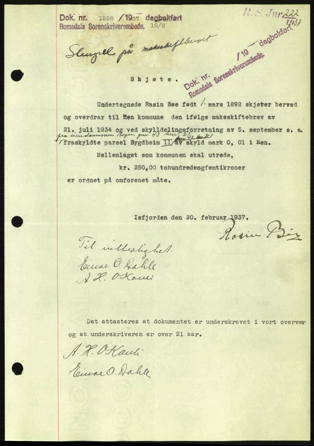 Romsdal sorenskriveri, SAT/A-4149/1/2/2C: Pantebok nr. A3, 1937-1937, Dagboknr: 1228/1937