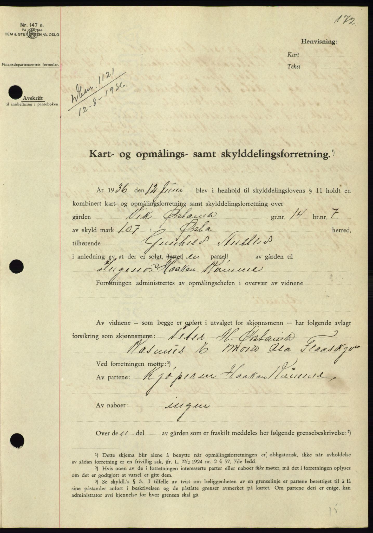 Søre Sunnmøre sorenskriveri, SAT/A-4122/1/2/2C/L0061: Pantebok nr. 55, 1936-1936, Dagboknr: 1121/1936