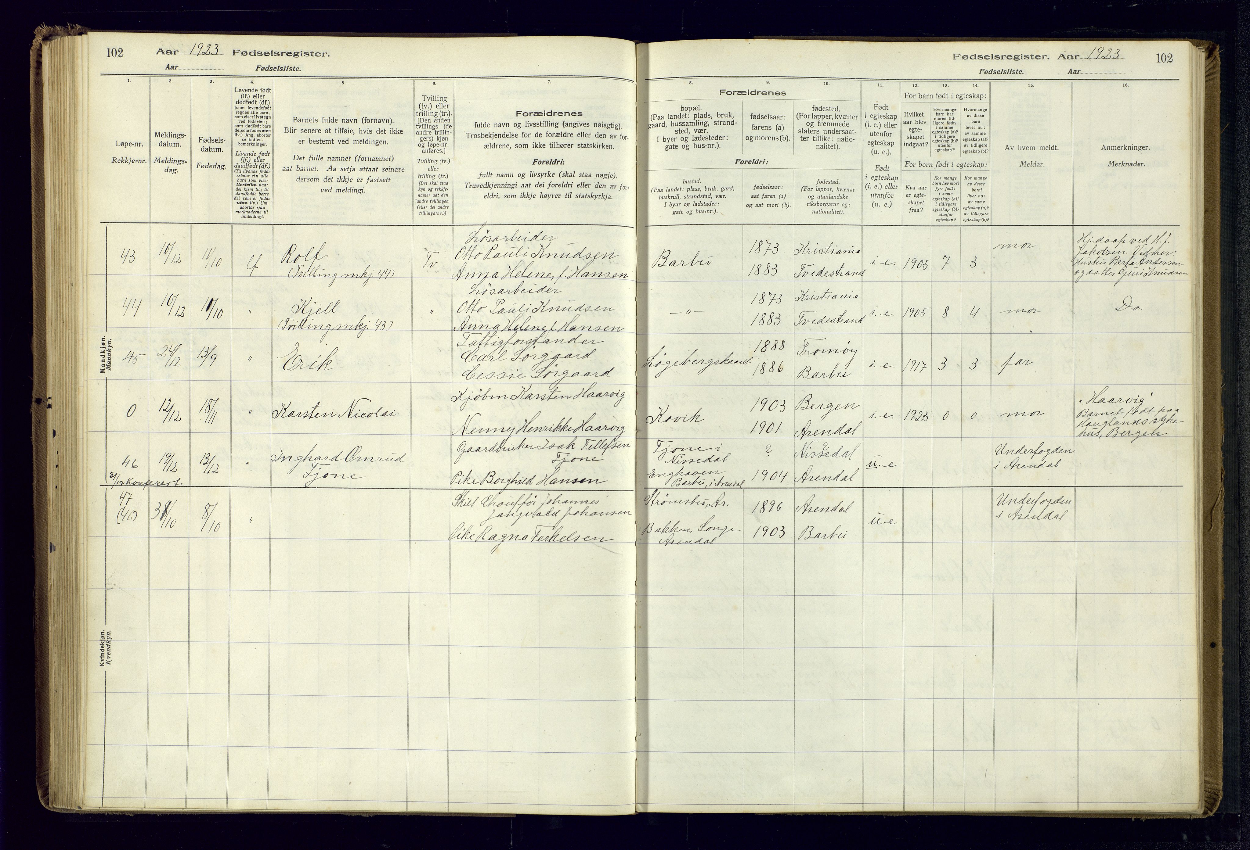 Barbu sokneprestkontor, AV/SAK-1111-0003/J/Ja/L0001: Fødselsregister nr. A-VIII-1, 1916-1937, s. 102