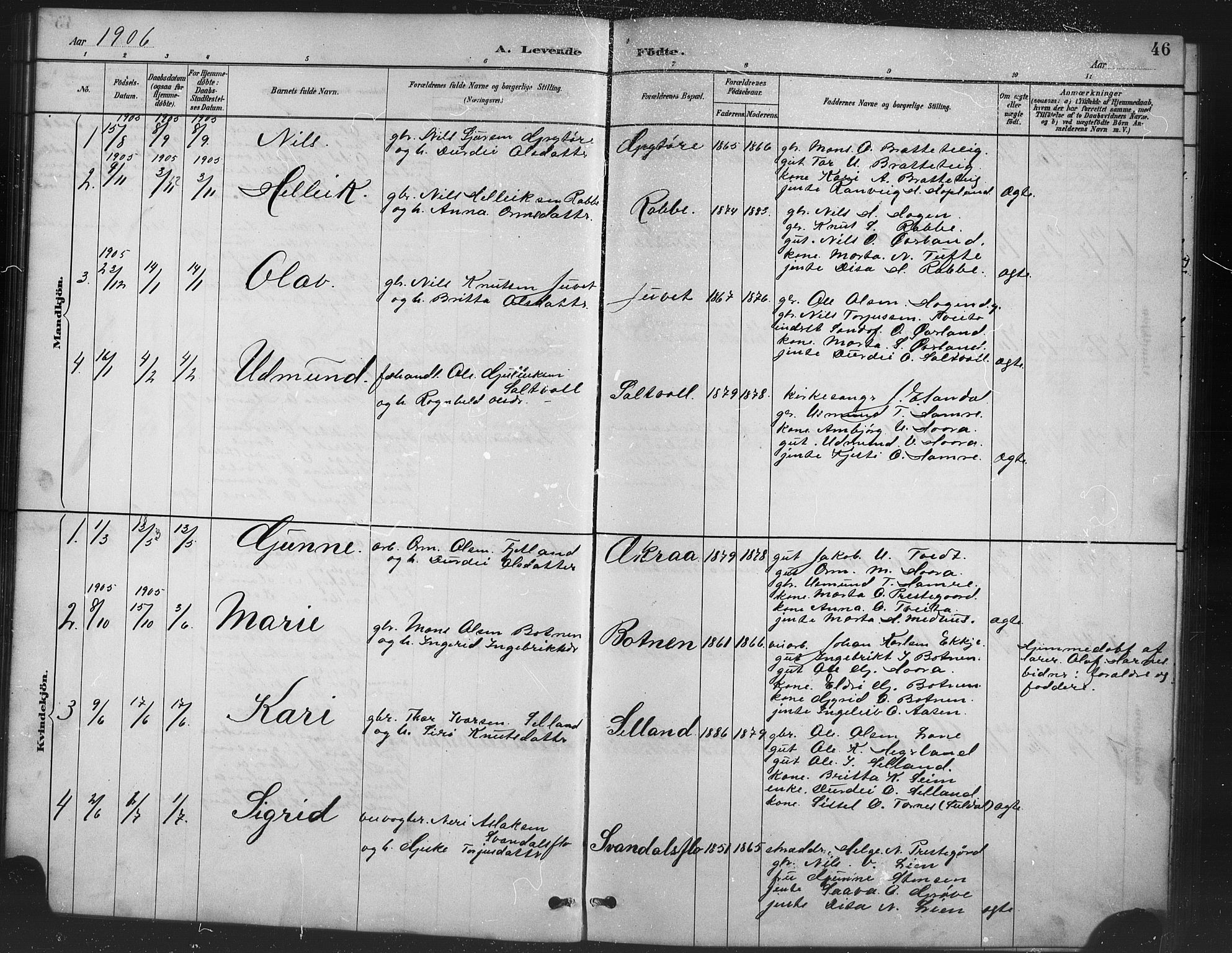 Røldal sokneprestembete, AV/SAB-A-100247: Klokkerbok nr. A 3, 1887-1917, s. 46