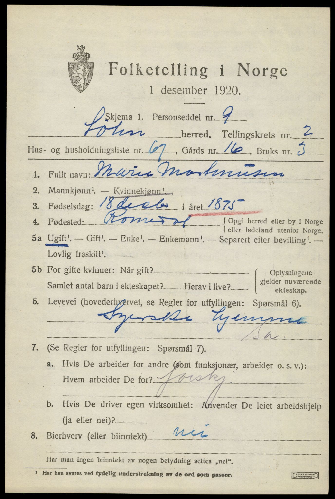SAH, Folketelling 1920 for 0415 Løten herred, 1920, s. 5581