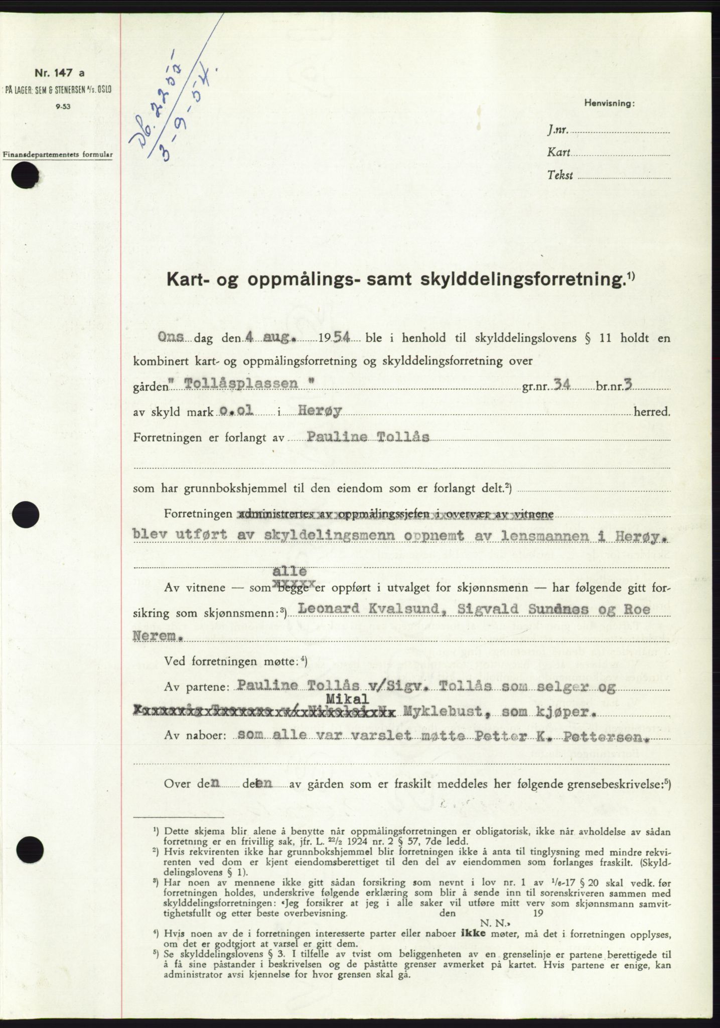 Søre Sunnmøre sorenskriveri, SAT/A-4122/1/2/2C/L0098: Pantebok nr. 24A, 1954-1954, Dagboknr: 2255/1954