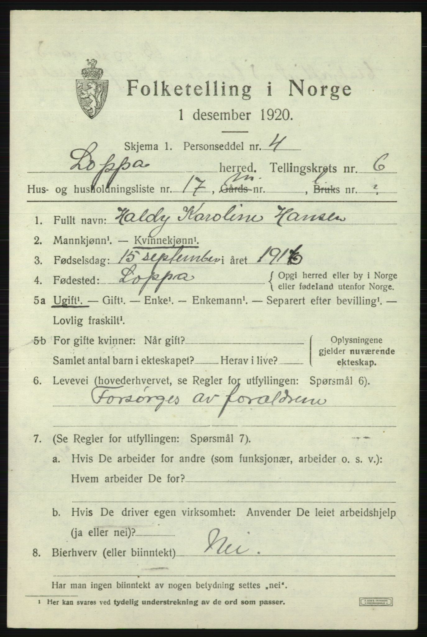 SATØ, Folketelling 1920 for 2014 Loppa herred, 1920, s. 2722