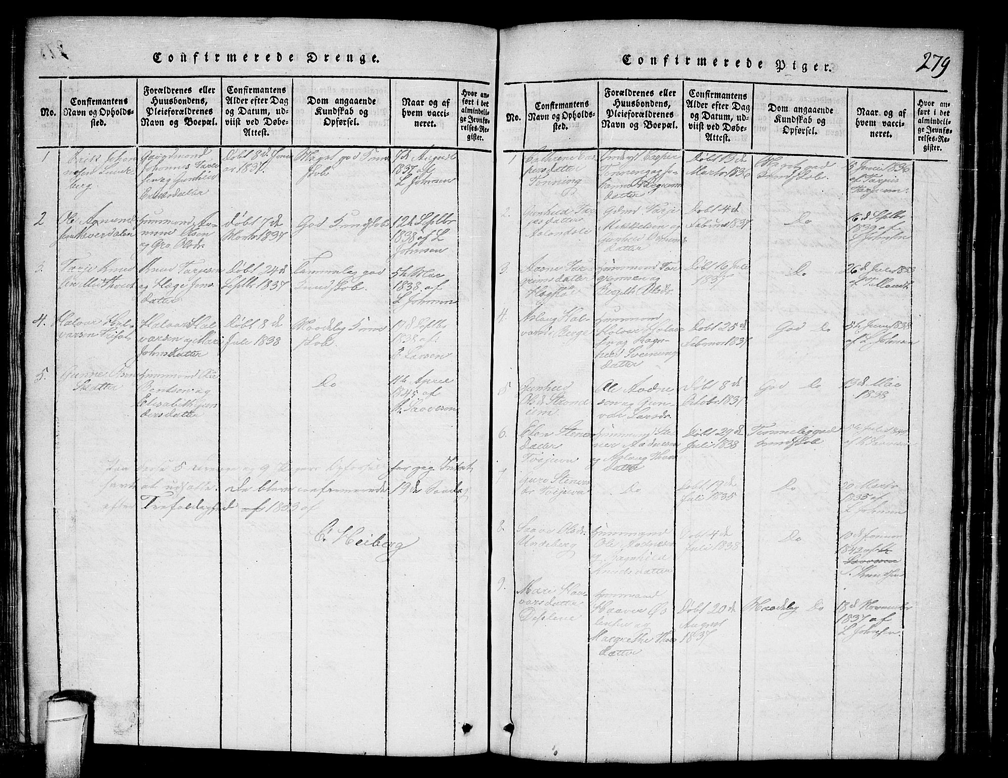 Lårdal kirkebøker, SAKO/A-284/G/Ga/L0001: Klokkerbok nr. I 1, 1815-1861, s. 279